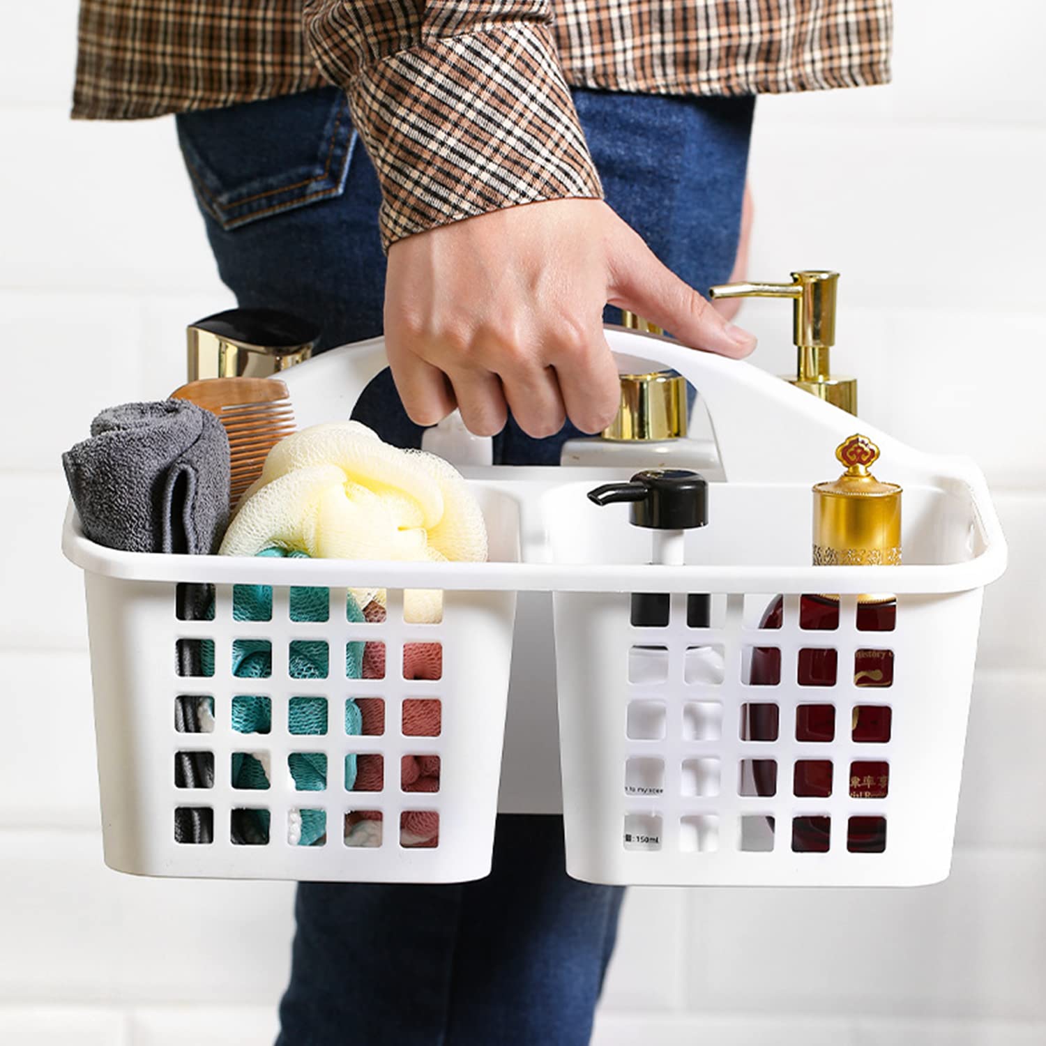 3 Compartments Plastic Shower Caddy Basket  Portable Divided Cleaning Supply Storage Organizer with Handle (White)