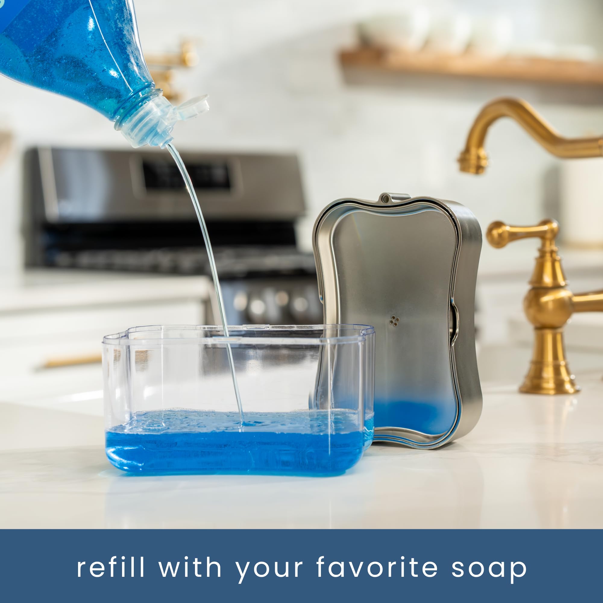 S&T INC. Dish Soap Dispenser and Sponge Holder for Kitchen Sink  Sponge Included  13 Ounces  Metallic Silver