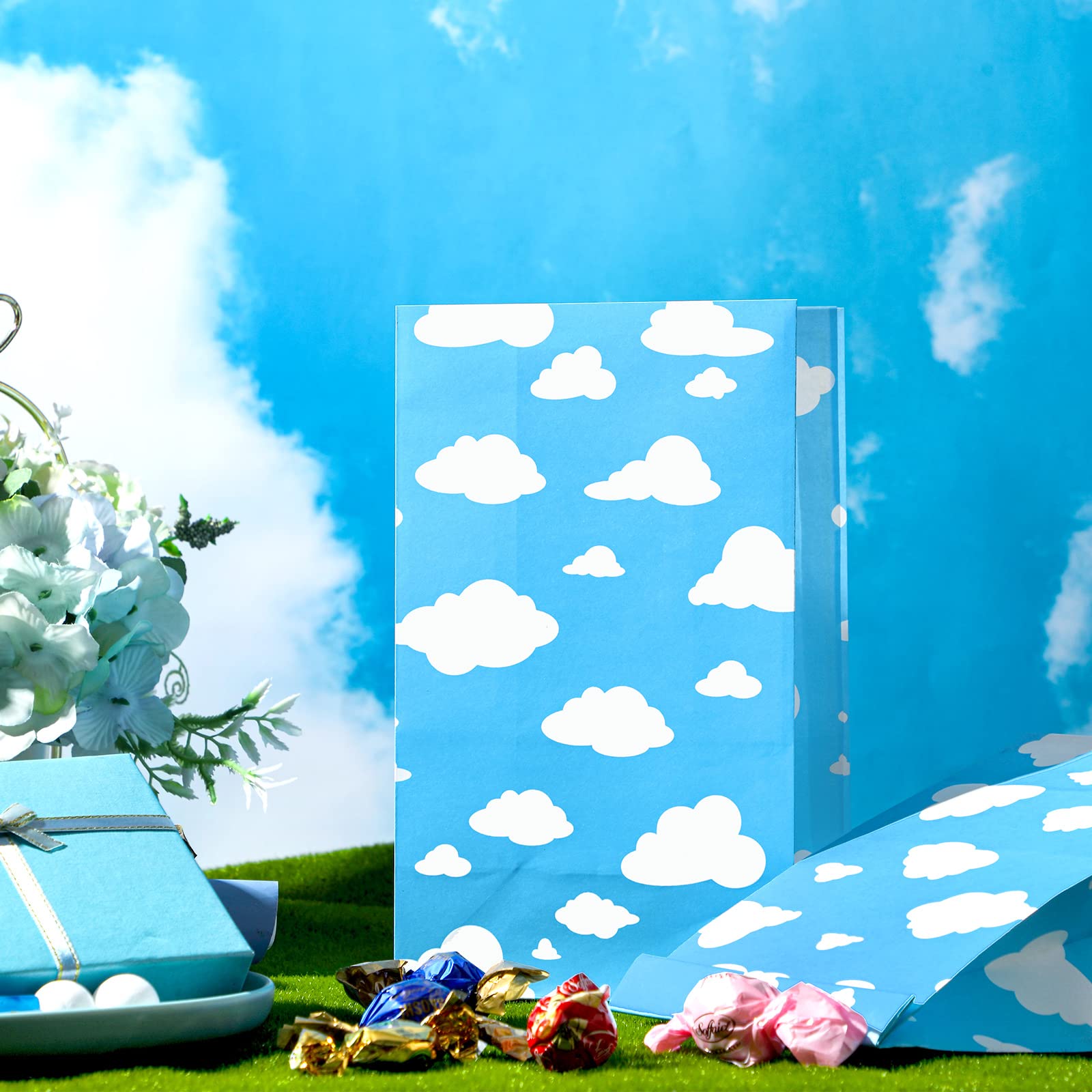 Tallew 24 Pcs Blue Sky Clouds Paper Party Bags Cartoon Story Cloud Treat Candy Goodie Bags Blue Sky Gift Bags Wrapping Party Fav