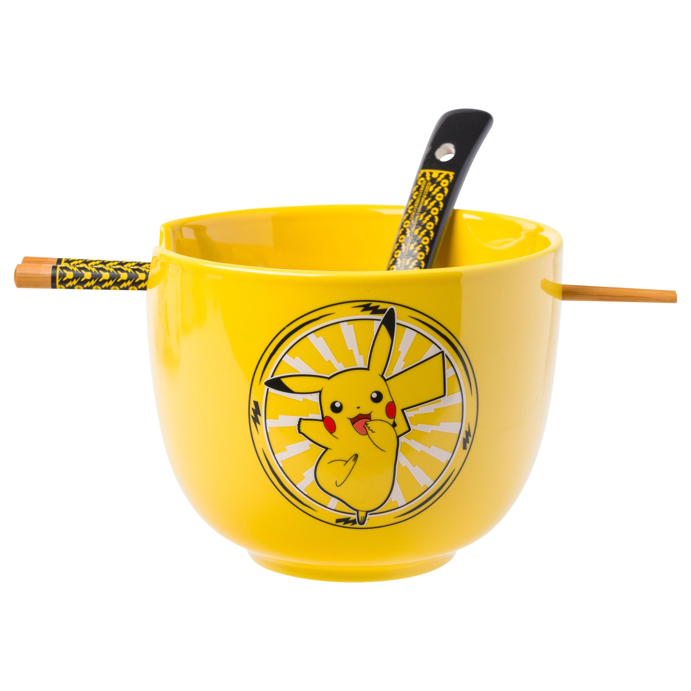 Silver Buffalo Ceramic Ramen Bowl Set, 20 Oz, Microwave Safe, Pokemon Pikachu Design with Chopsticks & Spoon, Model BN1507KD