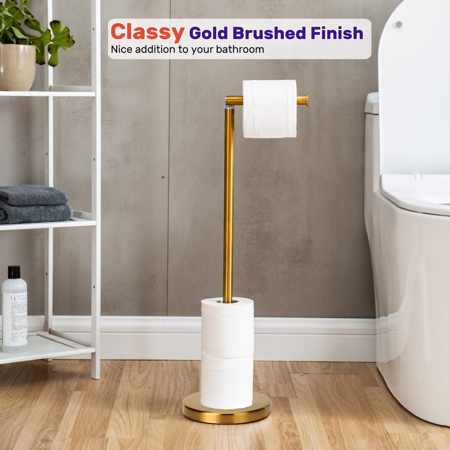 Toilet Paper Holder Gold, Freestanding Toilet Paper Holder Stand With Reserve For 4 Spare Rolls, Sturdy Base, Toilet Tissue Pape