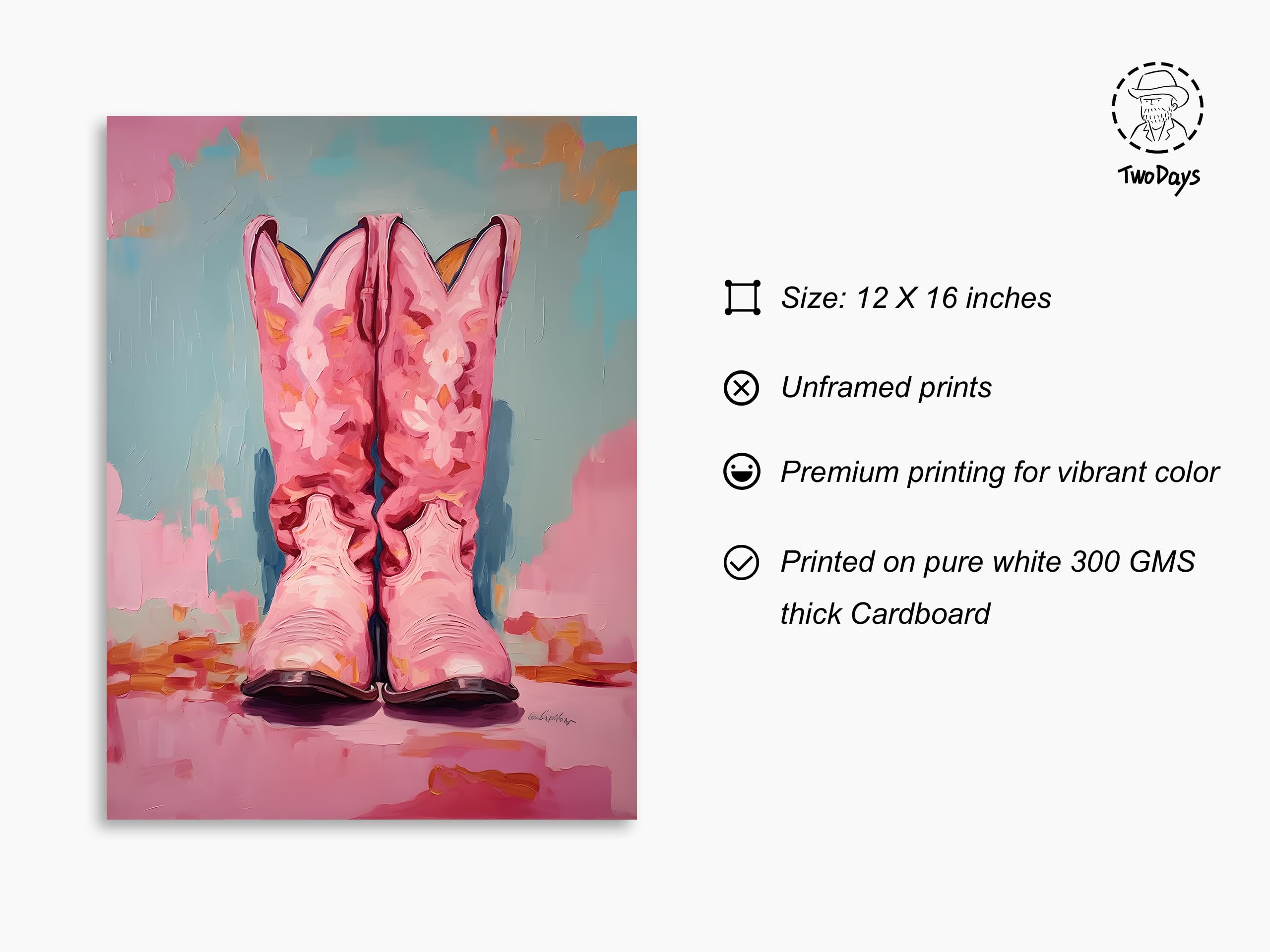 Twodays Pink Cowgirl Boots Room Decor, Girly Western Paintings For Apartment, Coastal Cowboy Boot Wall Art Prints For Teen Girls