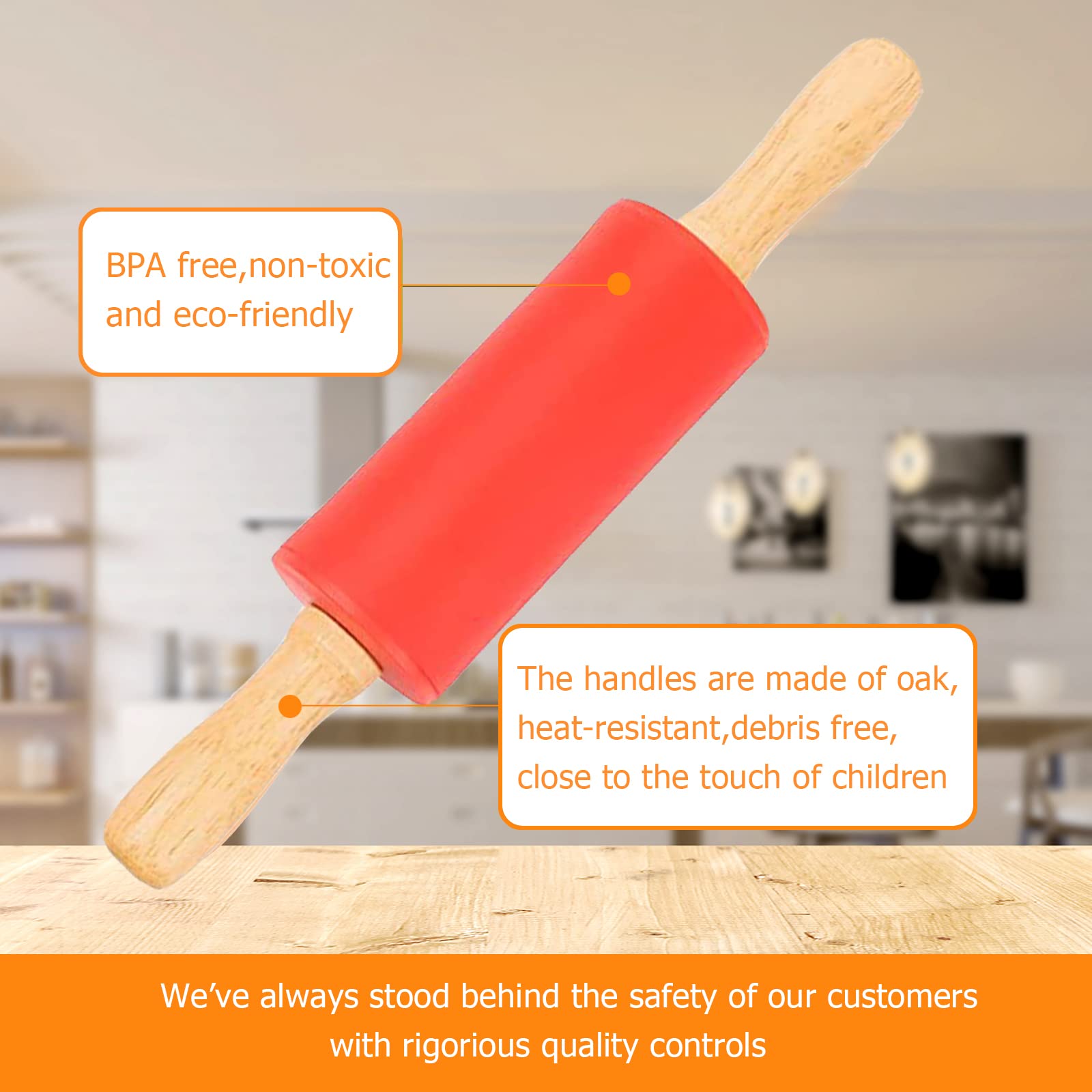 Mini Silicone Rolling Pin For Kids,Non-Stick Surface Wood Handle,9-Inch 2 Pack