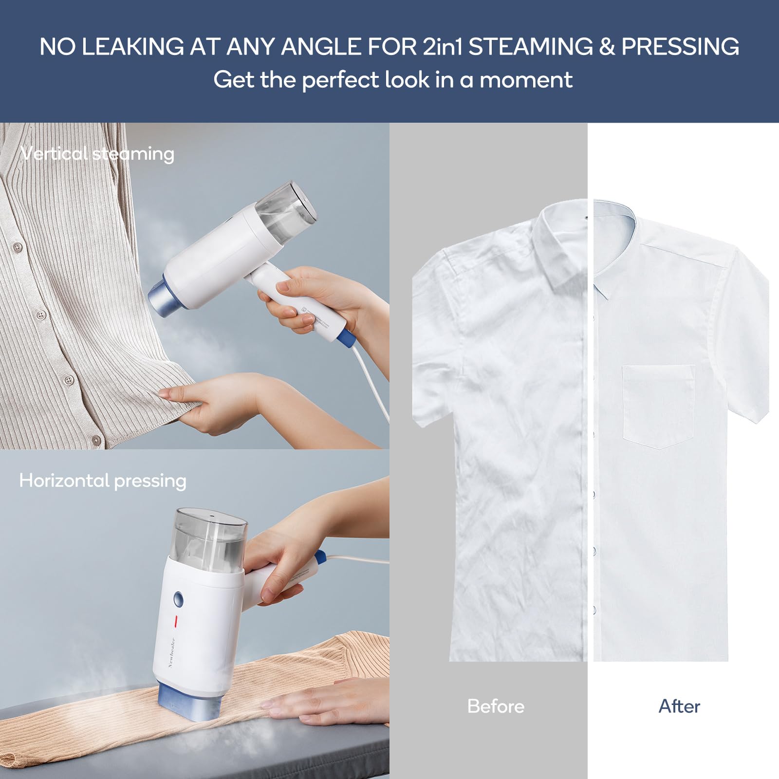 Newbealer Steamer For Clothes, 1200W Travel Steamer With Horizontal & Vertical Steaming, 2 Steam Levels, Dry Ironing, Foldable,