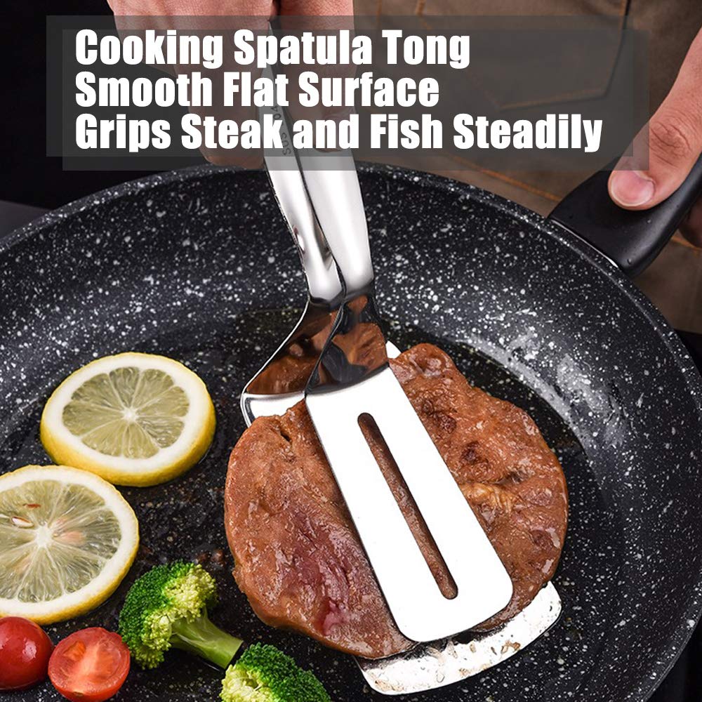 12 Inch Long Cooking Spatula Tong, 304 Stainless Steel, Slotted Double Spatula, Cooking&Serving Utensil For Holding&Flipping Ste