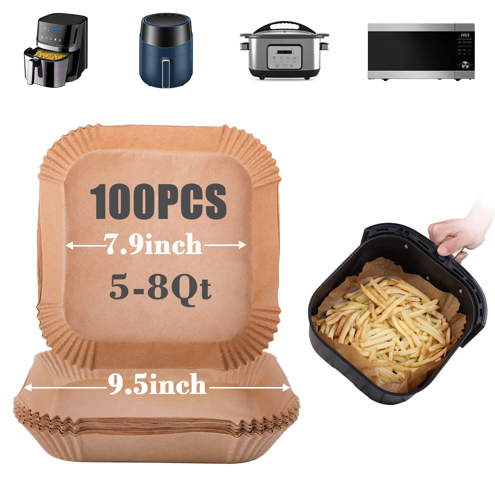 Goaus Air Fryer 100 Pcs Square Paper Liners Disposable Large For 5 To 8 Qt Basket, 7.9 Inch Unbleached Non-Stick Oil-Proof Parch