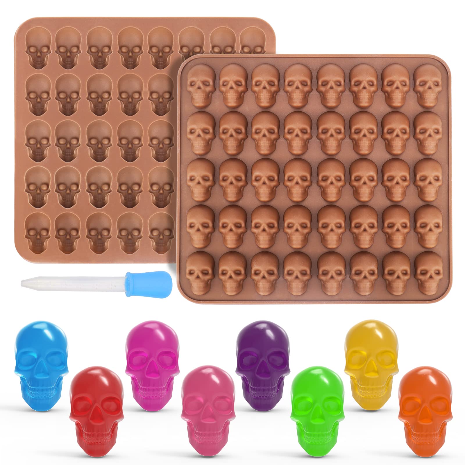 Juome Gummy Skull Silicone Candy Molds, 2 Pack Mini Skull Gummie Chocolate Molds With Dropper For Halloween Gummies, Candies, Je
