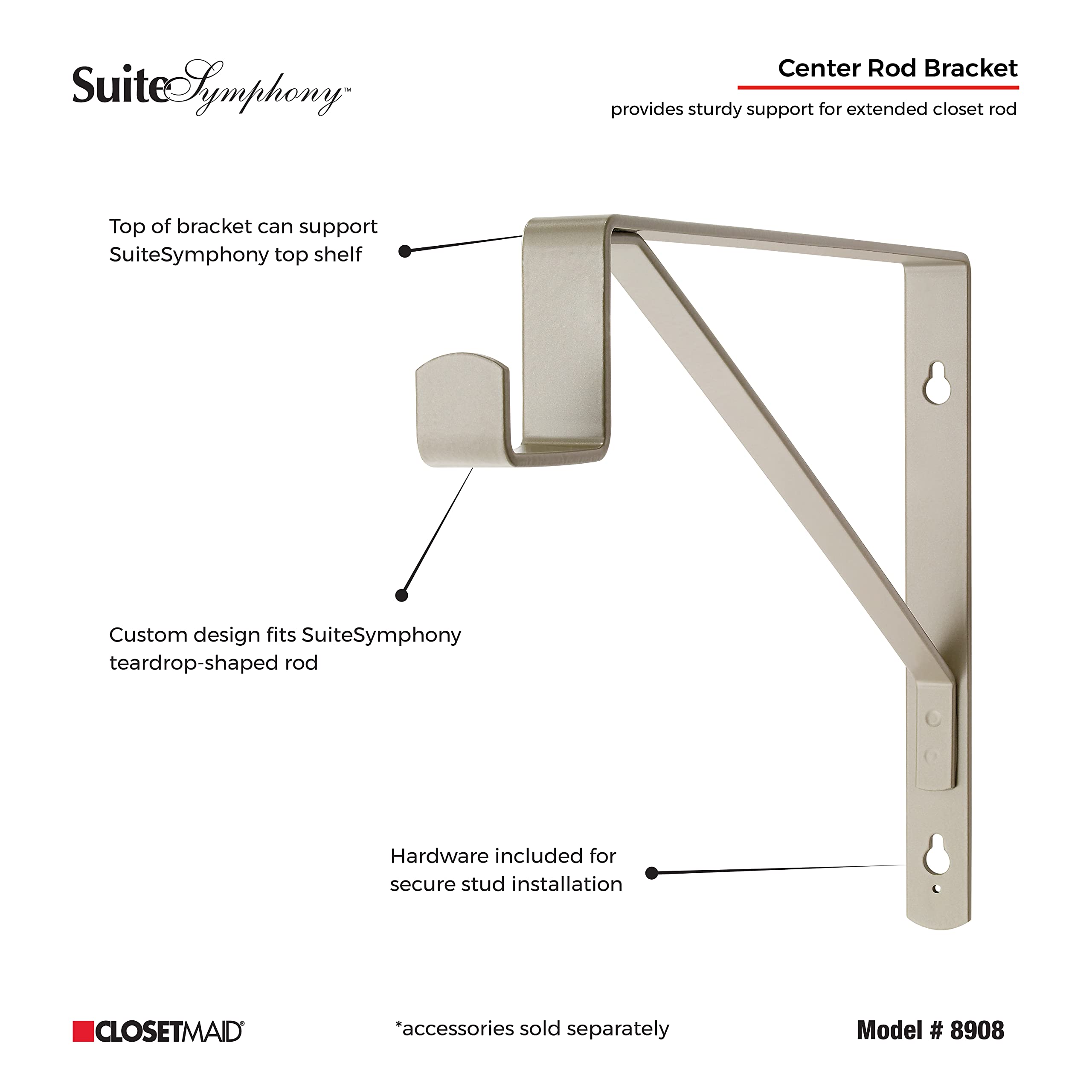 Closetmaid Suitesymphony Closet Bracket For Center Rod, And Shelf Support, Add On Accessory, Satin Nickel