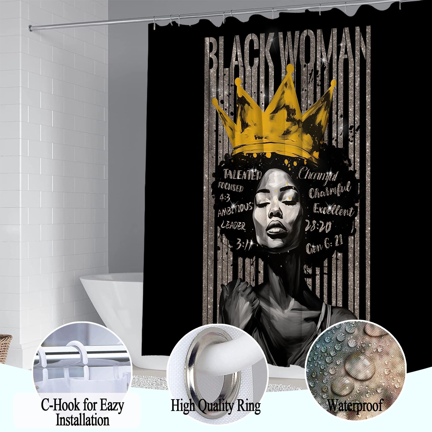 4Pcs Praying Black Queen Shower Curtain Set, Inspirational Quote Afrcian American Woman Shower Curtains With Rugs Toilet Lid Cov