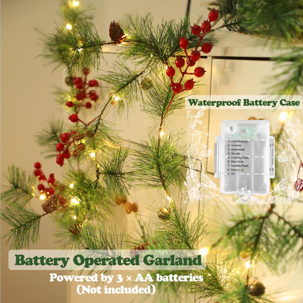 HamiFinee Christmas Garland with LED Fairy Lights Battery Operated Smokey Pine Garlands with 8 Flash Modes and Timer Red Berries