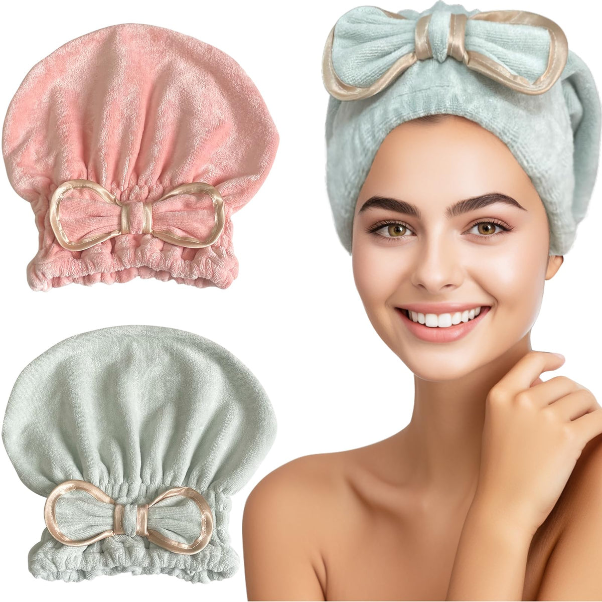 Jseng Microfiber Hair Towel Caps for Women with Cute Bowtie, 2Packs Fast Drying Hair Towel Caps for Curly Long Wet Hair Anti Fri