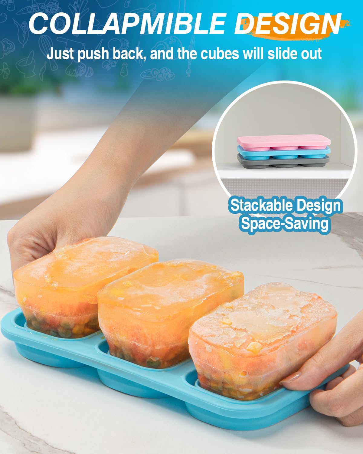 Silicone Freezer Trays With Lid, Stackable 1 Cup Silicone Freezer Molds, Easy To Use Soup Ice Cube Tray, Collapsible Freezing Mo