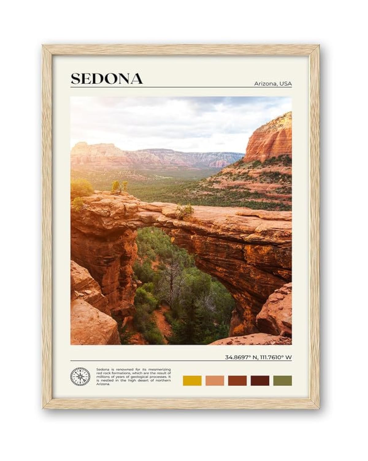 Hesendot Natural Oak Wood Framed Arizona Wall Art,12X16In Sedona'S Red Rock Formations Quality Canvas Wall Print,Classic Urban L