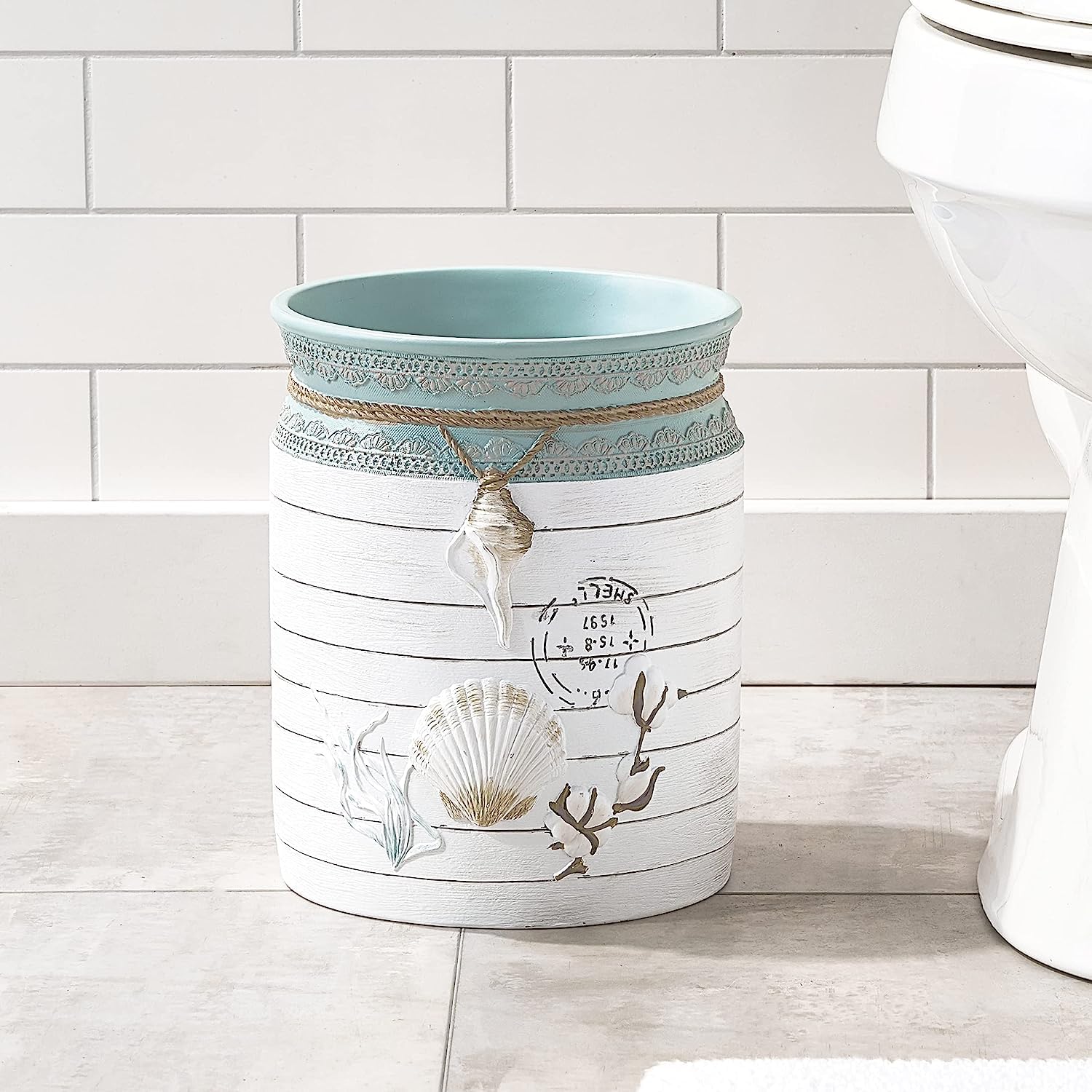 Avanti Linens - Waste Basket, Decorative Trash Can For Home Or Office, Farmhouse Chic Bathroom Accessories (Farmhouse Shell Coll
