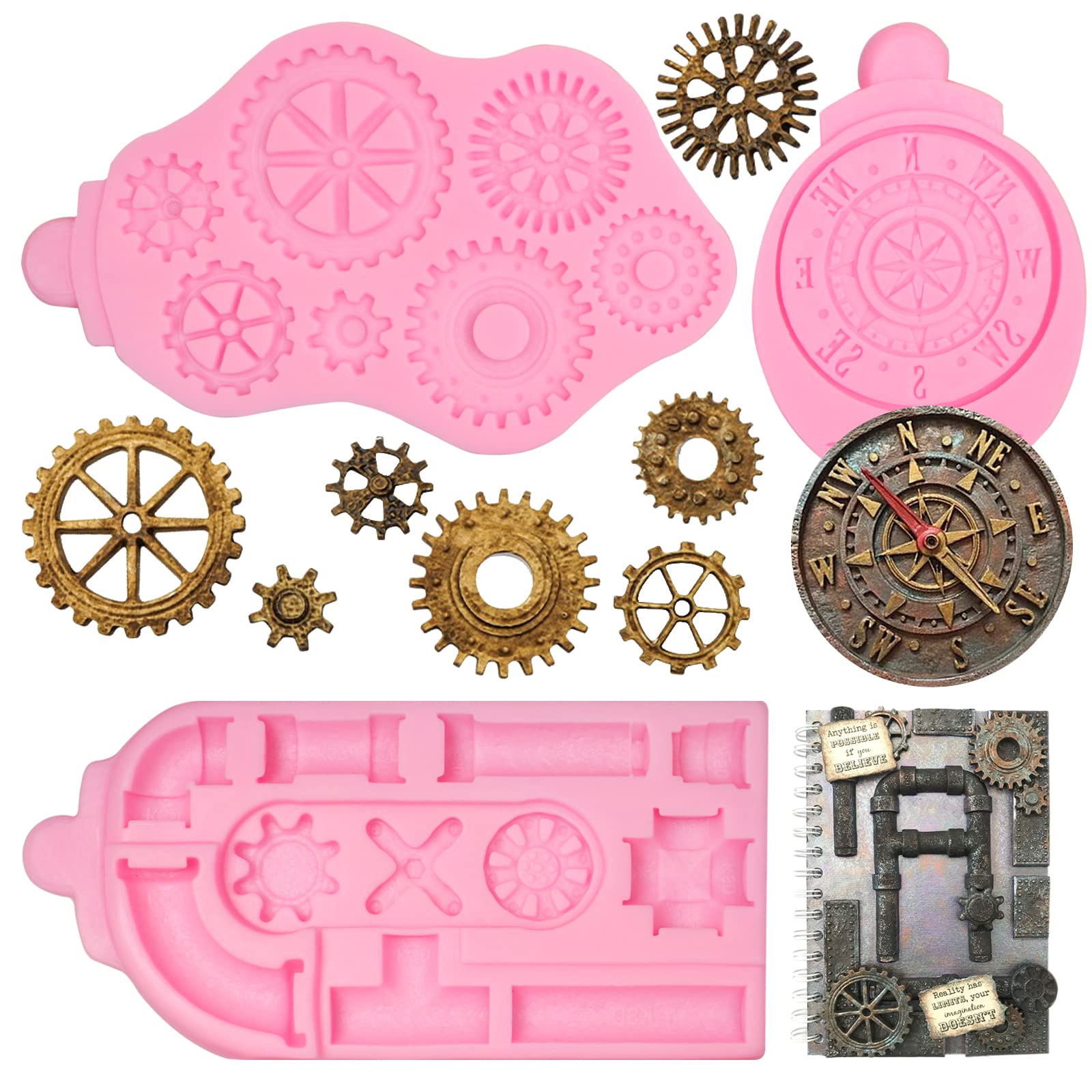 Steampunk Clock Watch Wheel Cogs Gears Fondant Molds 3 Pcs, Steampunk Style Silicone Mold For Chocolate Cake Decoration Candy Su