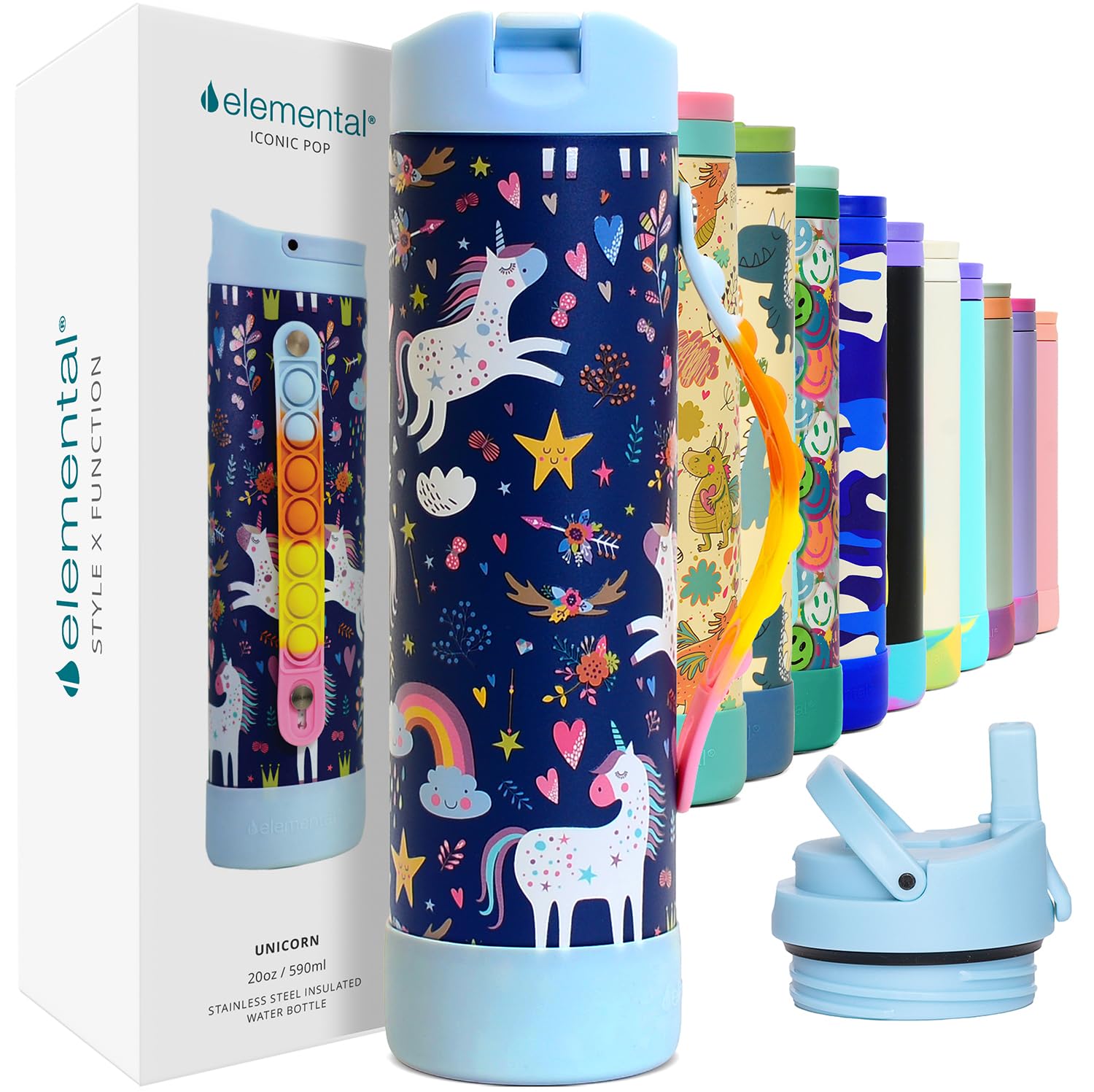 Elemental Iconic Kids Water Bottle for School - 100% Leak-Proof Insulated Water Bottles with Straw Lid & Pop-It Handle for Boys 