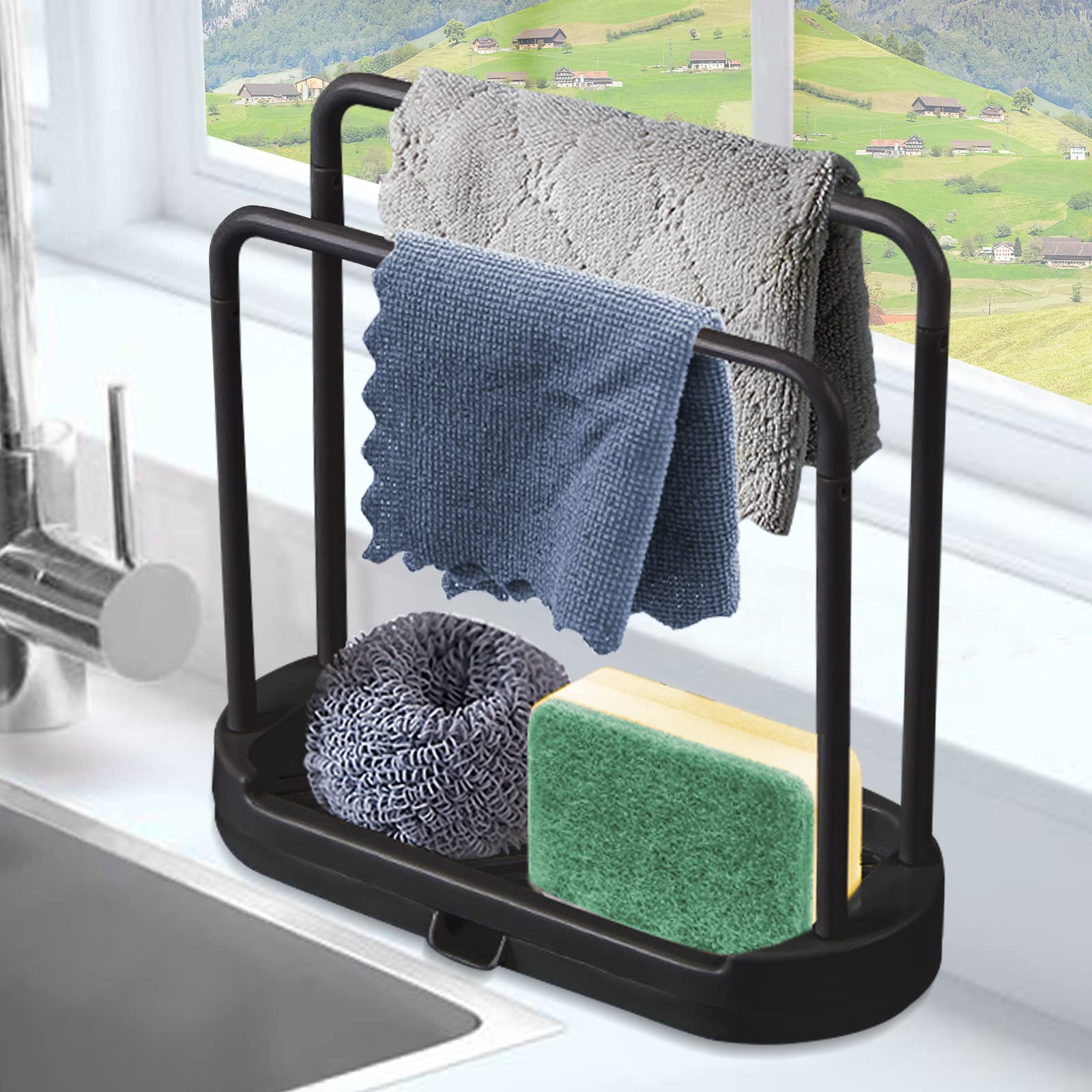 Muuboox Kitchen Sink Rack Tray Organizer Stand For Sponge, Dish Cloth, Rag, Brush, Scrubber Storage And Organization (Black)