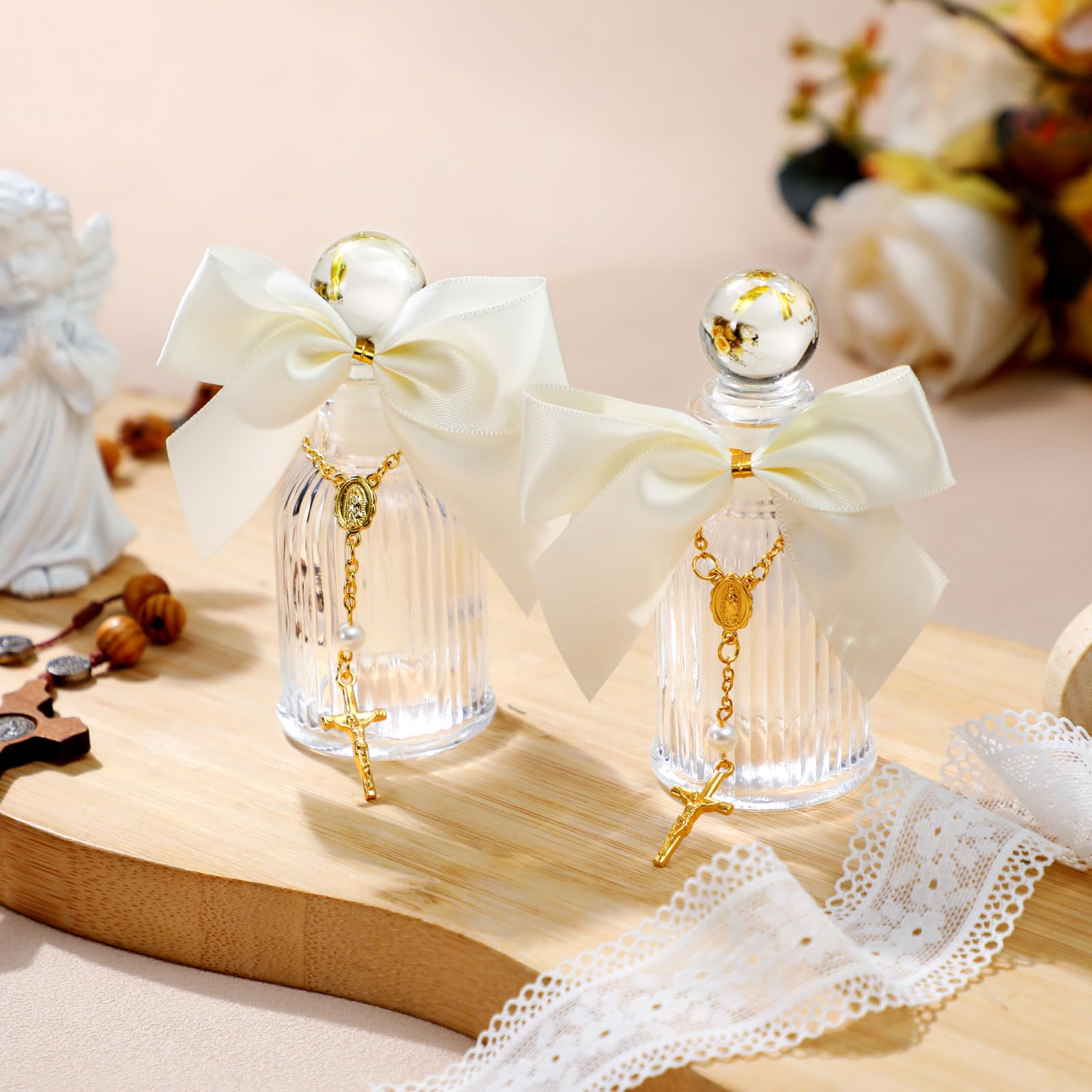 Chuangdi 12 Sets Holy Water Bottle Baptism Favors for Guest Catholic Holy Bottle with Cross Rosary Bow 50ml Empty Glass Water Co