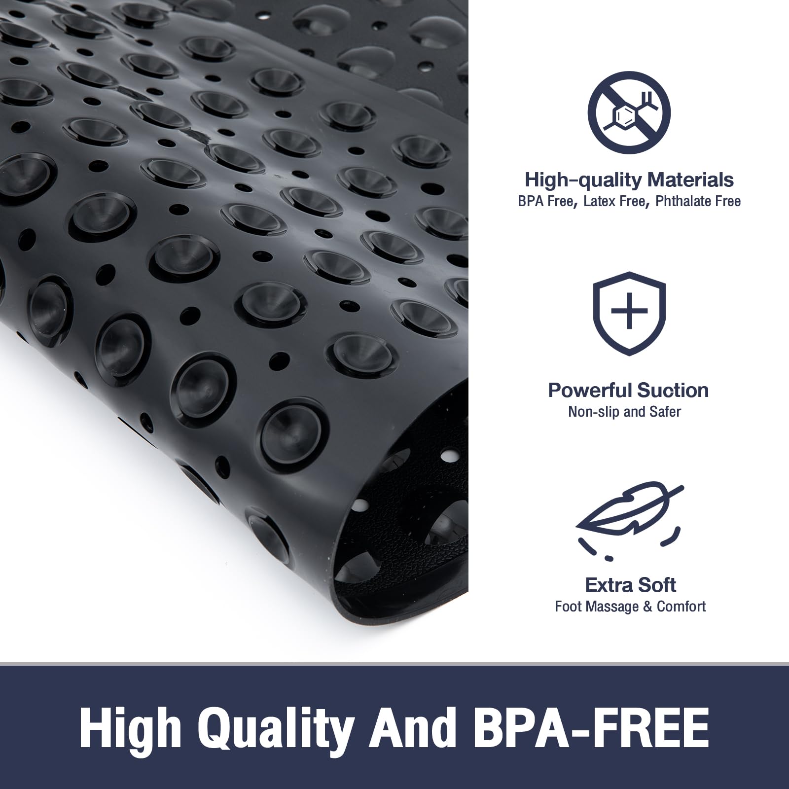 Naoloture Black Square Shower Bathtub Mat Non Slip 21X21 Inch, Soft Bath Mat For Inside Shower Tub, Shower Stall Mats For Bathro