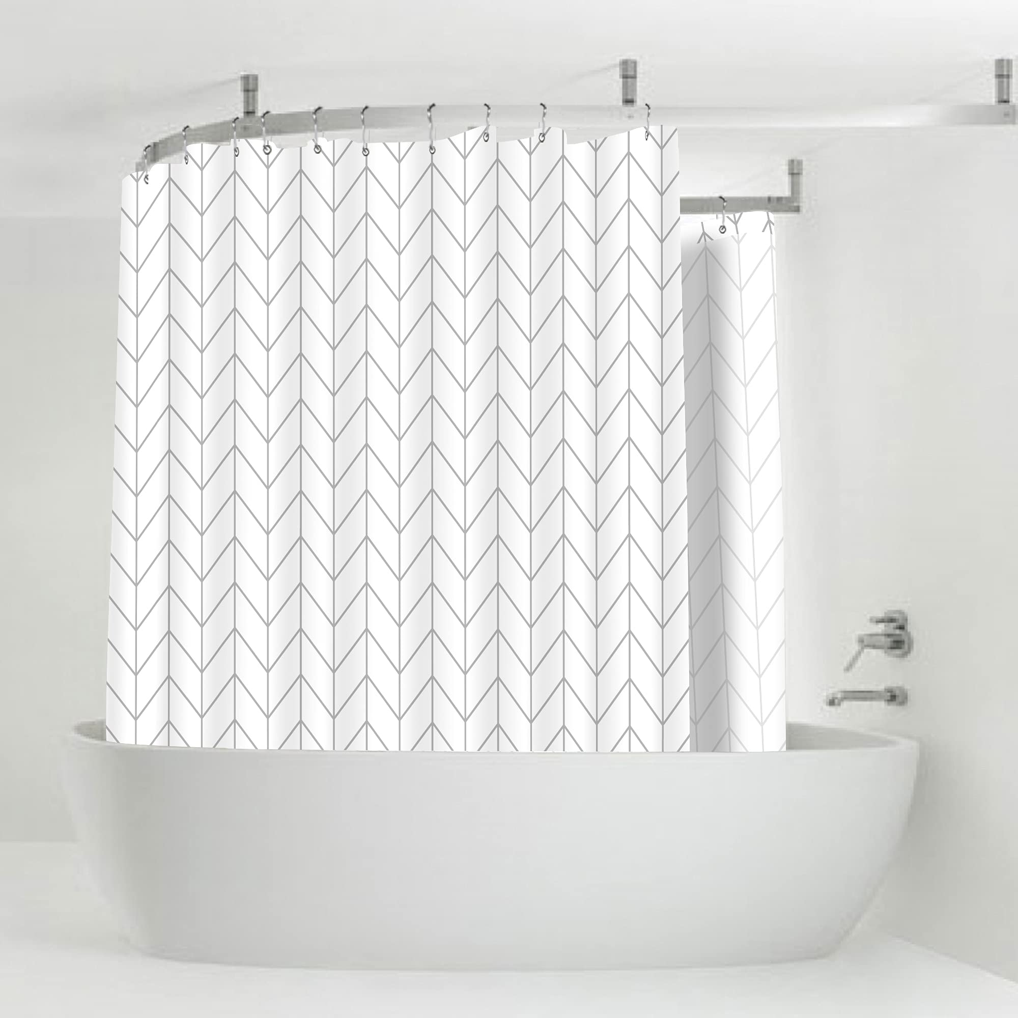 Riyidecor Clawfoot Tub Chevron Shower Curtain 180x70 Inch Bathtub All Around Wrap Around White Grey Gray Herringbone Round Freestanding Surround Oval Polyester Fabric Extra Wide with 32 Metal Hooks