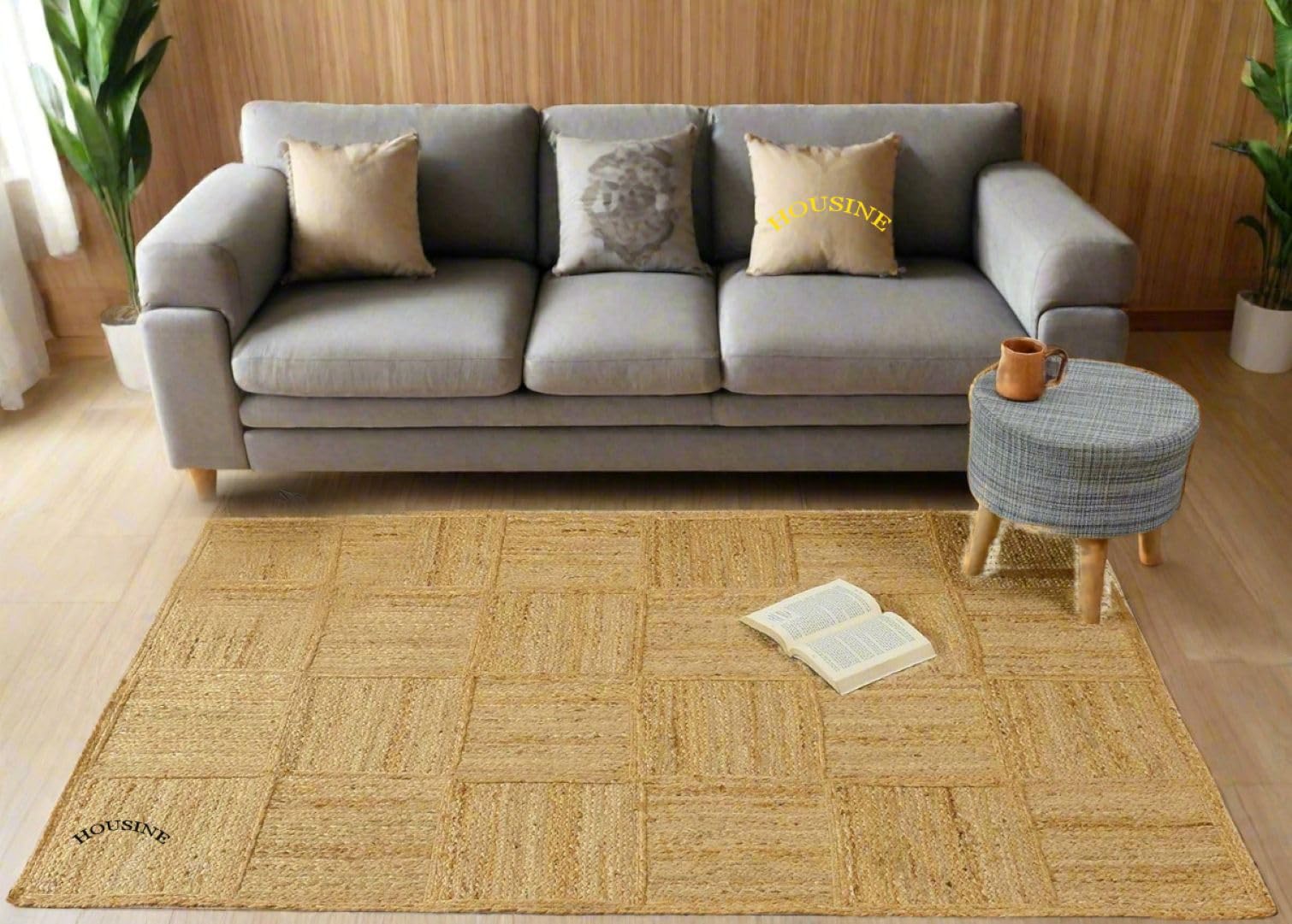 Housine Handmade Natural Jute Cotton Natural Fibers Floor/Door Mat Rug Furnish DCor Striped Rectangular Design Carpet For Bedroo