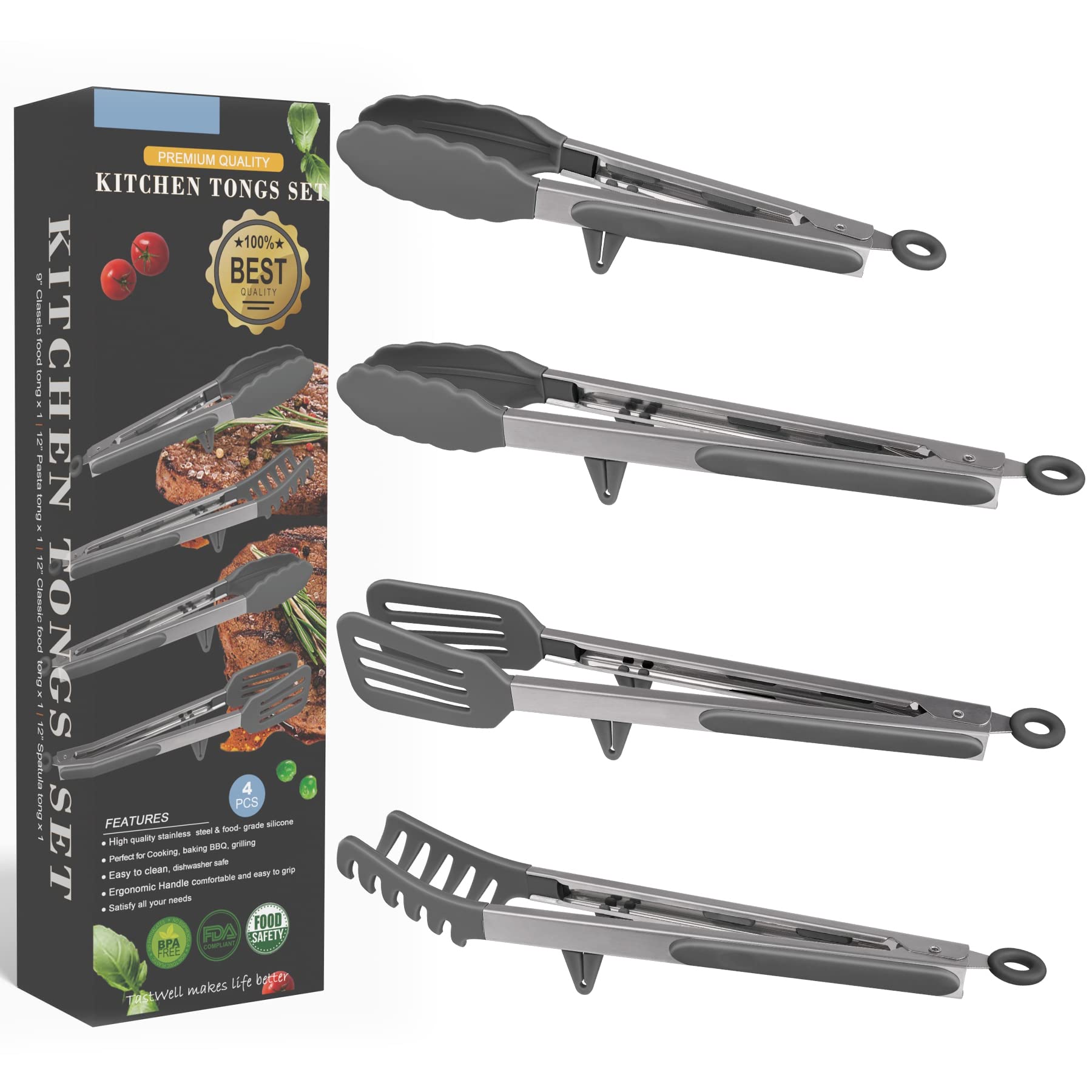 4In1 Stainless Steel Kitchen Food Tongs Set For Cooking With Bpa Free Silicone Tips, Toaster Steak Pie Pizza Pasta Spaghetti Noo