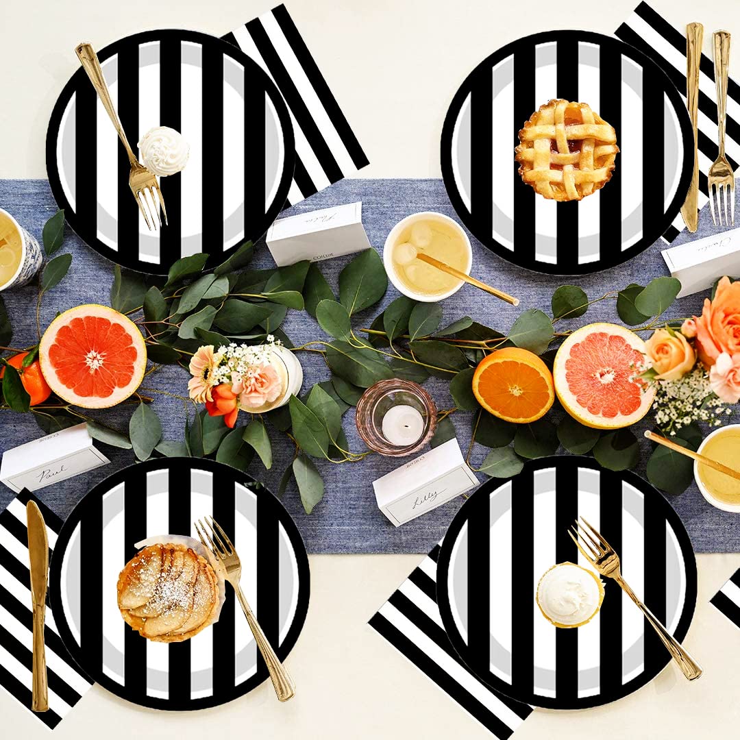 Hspaidyp 40 Pcs Black And White Party Supplies Black And White Striped Plates 7'' Black Striped Dessert Paper Plates Black And W