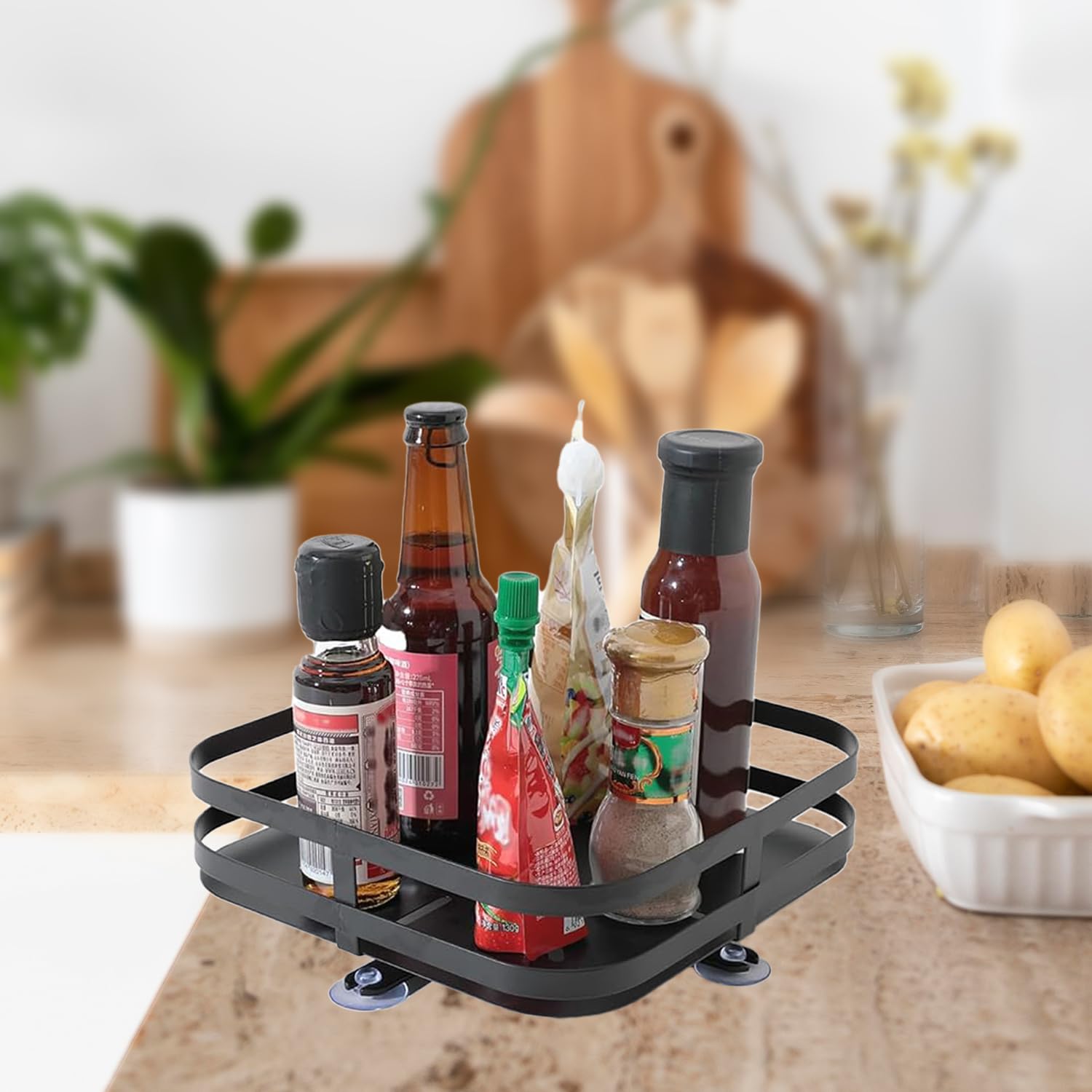 Kuber Industries Rotating Spice Rack|Square Shelf For Cabinet Countertop|360Degree Rotable Kitchen Trolley|Fruit Basket (Dark G