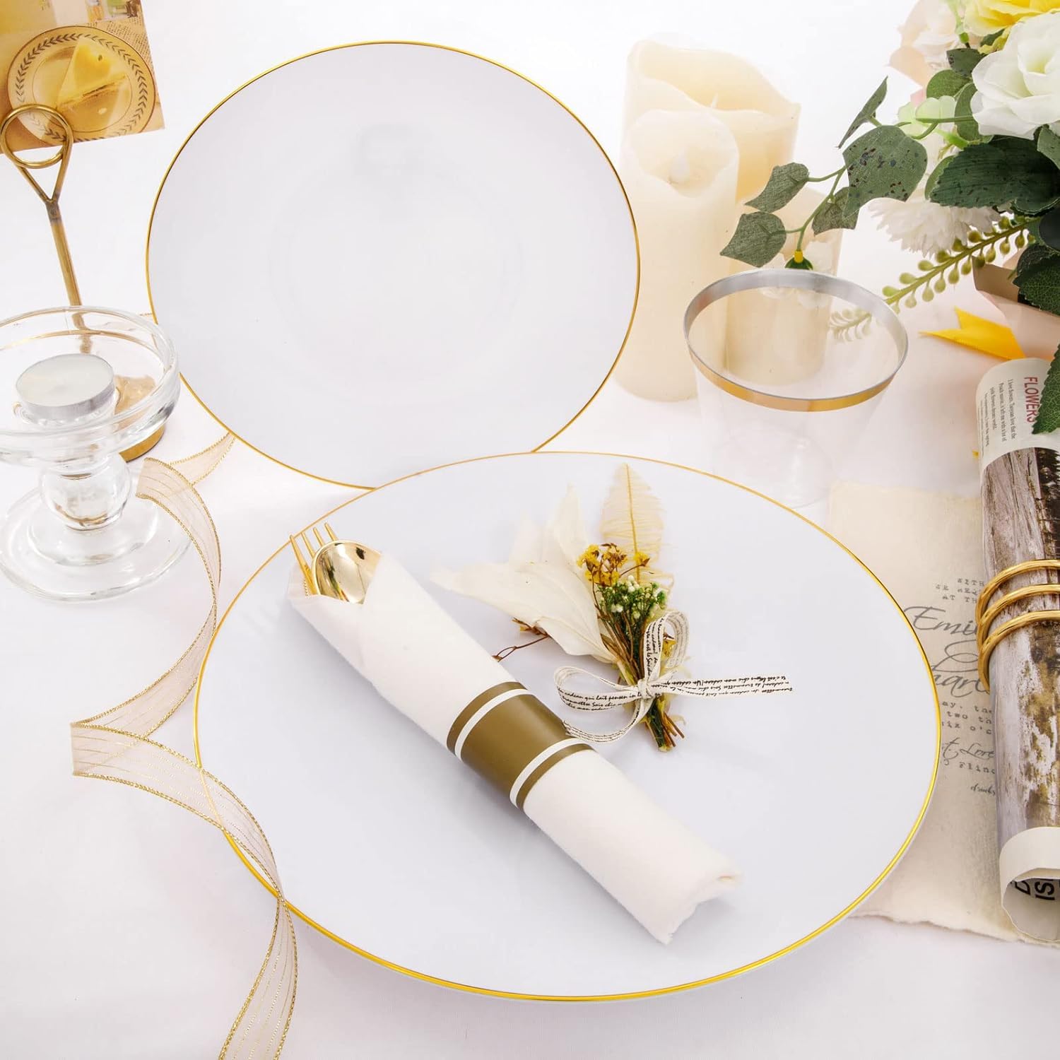 Rubtlamp 140Pcs Thanksgiving Gold Plastic Plates, White Plates with Gold Rim, Disposable Thanksgiving Dinnerware Include 20Dinne