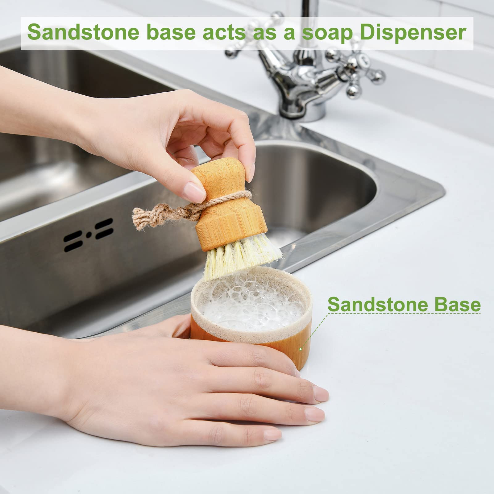 Subekyu Bubble Up Bamboo Dish Brush Set With Soap Holder, Wooden Dish Scrubber With Soap Dispenser, Natural Kitchen Scrub Brush,