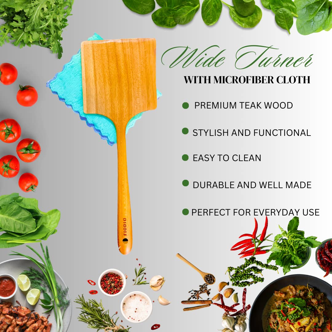 Fiodio Home Teak Wide Wooden Spatula With Microfiber Cloth - Natural Non-Stick Healthy Kitchen Utensils - Handcrafted With Comfo
