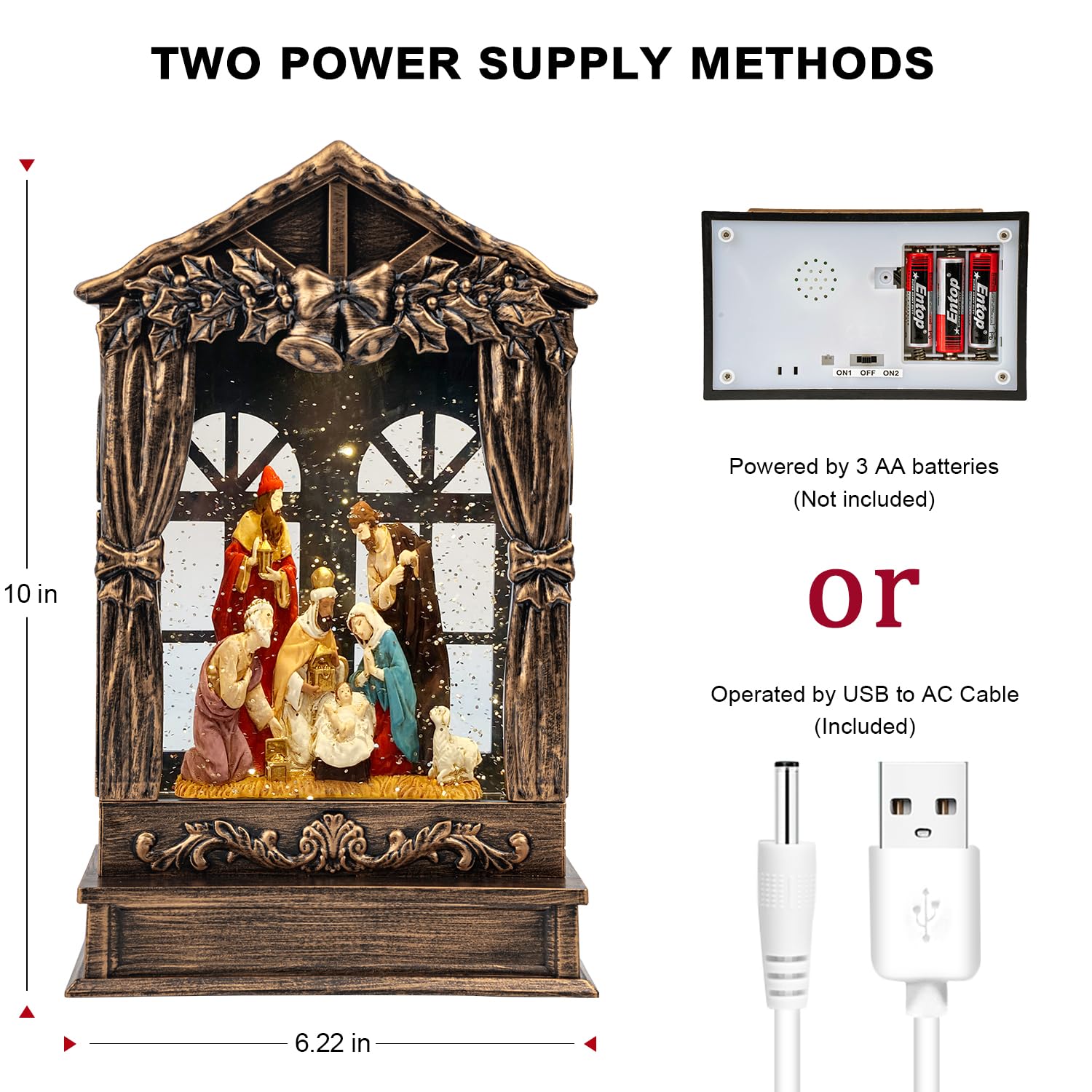 Three Kings Three Saints Window Christmas Snow Globe Swirling Glittering Nativity Figurines Manger Scene, USB Lined/Battery Oper