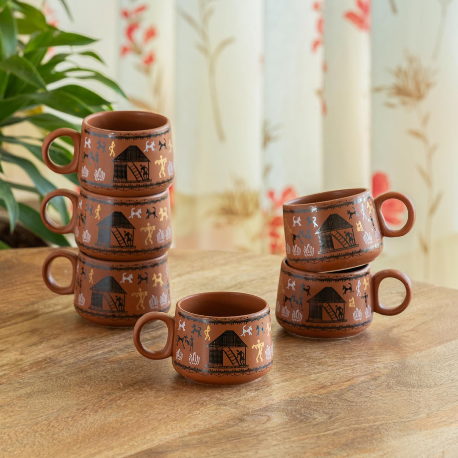 Exclusivelane Warli Village Tales Ceramic Tea Cups Set Of 6 For Tea Cups Ceramic (150 Ml, Microwave Safe, Dishwasher Safe)| Co