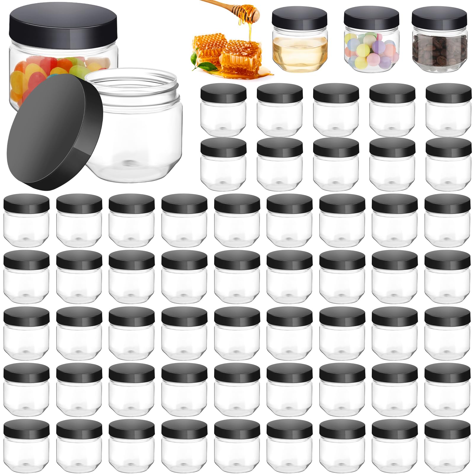 Tanlade 60 Pcs 3 oz Clear Plastic Jars with Lids Wide Mouth Mason Jars Mini Storage Containers Bulk for Herb Jelly Wedding Valen