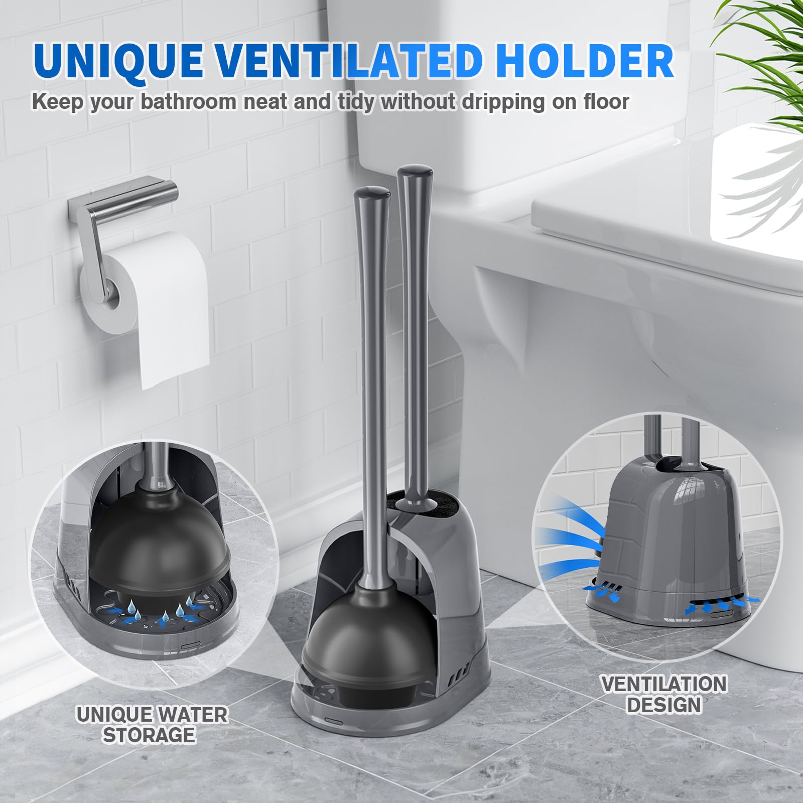 Lovloy Toilet Plunger And Brush, Bowl Brush And Heavy Duty Toilet Plunger Set With Ventilated Holder, 2-In-1 Toilet Brush And Pl
