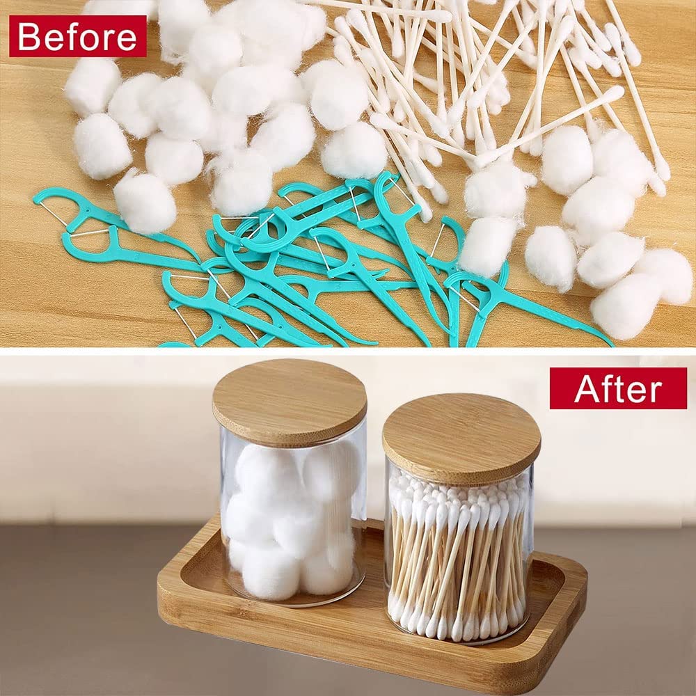 Bamboo Vanity Tray  Bathroom Tray Organizer Glass Qtip Holder Dispenser Apothecary Jars for Cotton Swabs Balls  Round Pad  Perfume Candles  Cosmetics and Jewelry Storage Organizer