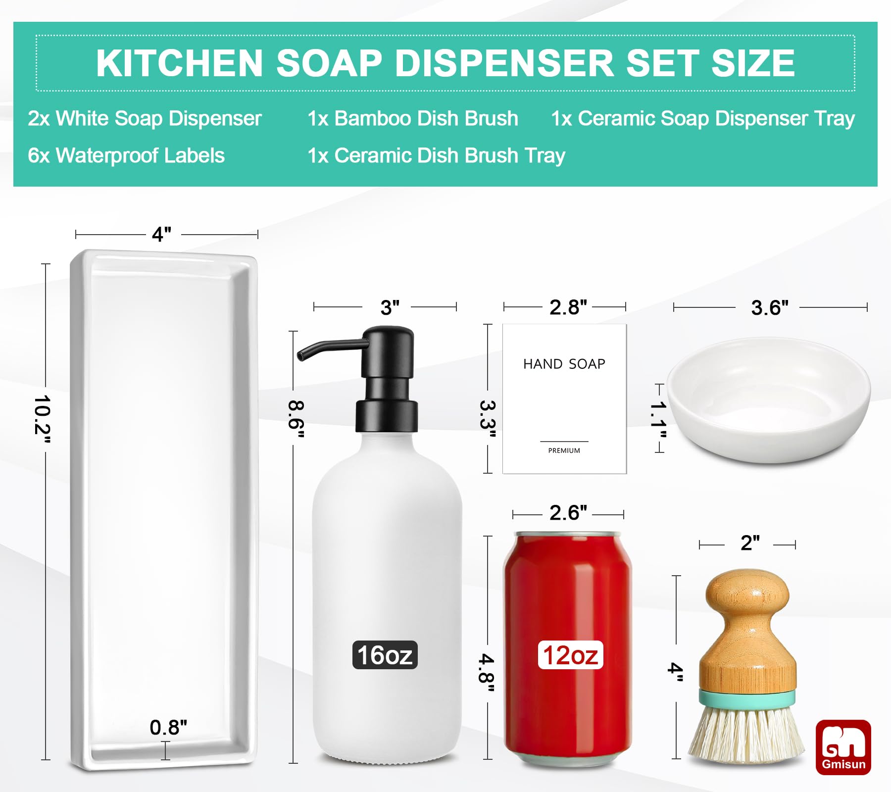 Gmisun Kitchen Soap Dispenser Set, 16 Oz Hand And Dish Soap Dispenser With Ceramic Tray & Bamboo Dish Brush, 2 Pack White Glass