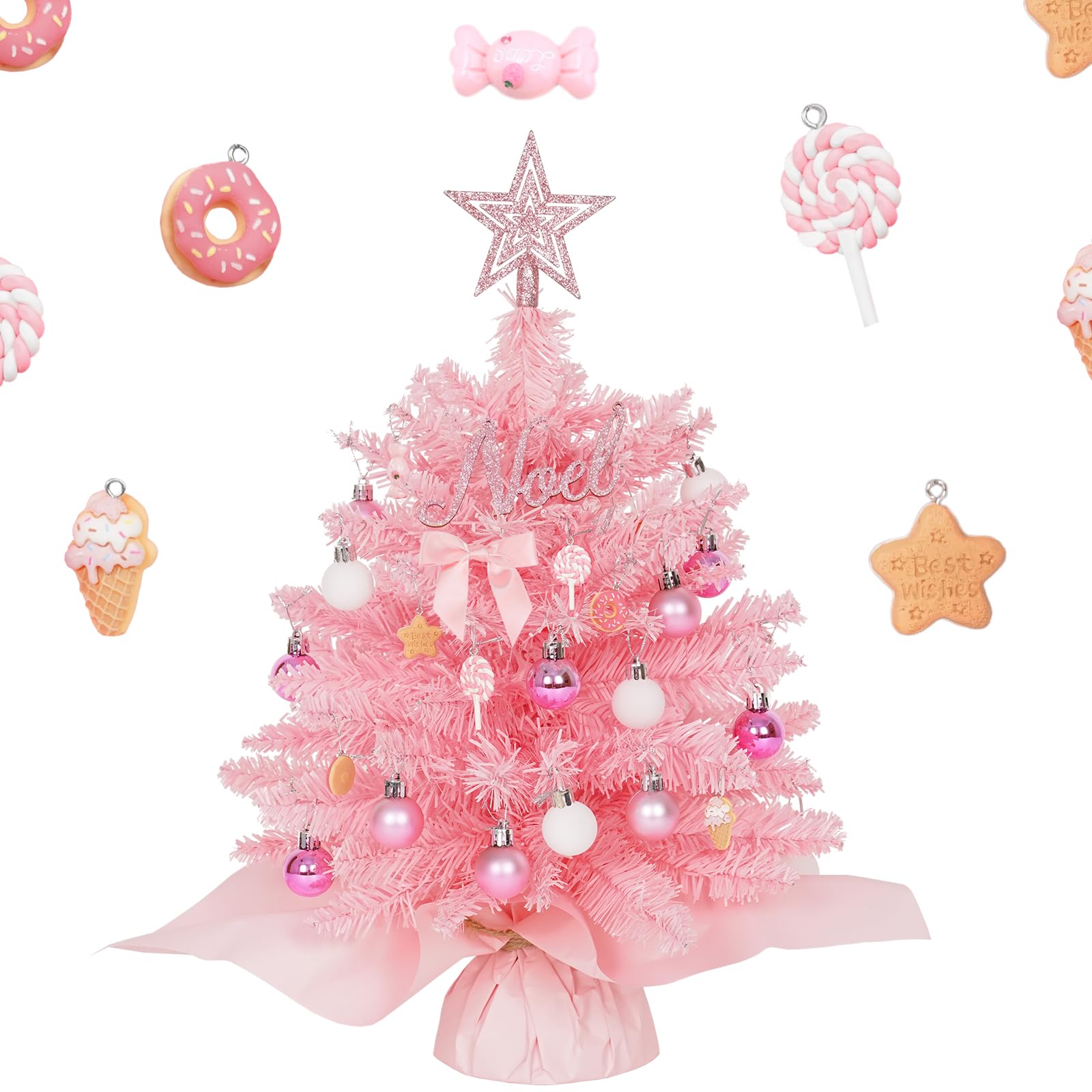 Wangchao Craft 20 Mini Pink Christmas Tree Table Top Artificial Xmas Tree Small Christmas Tree with Lights, Star Treetop and Bal