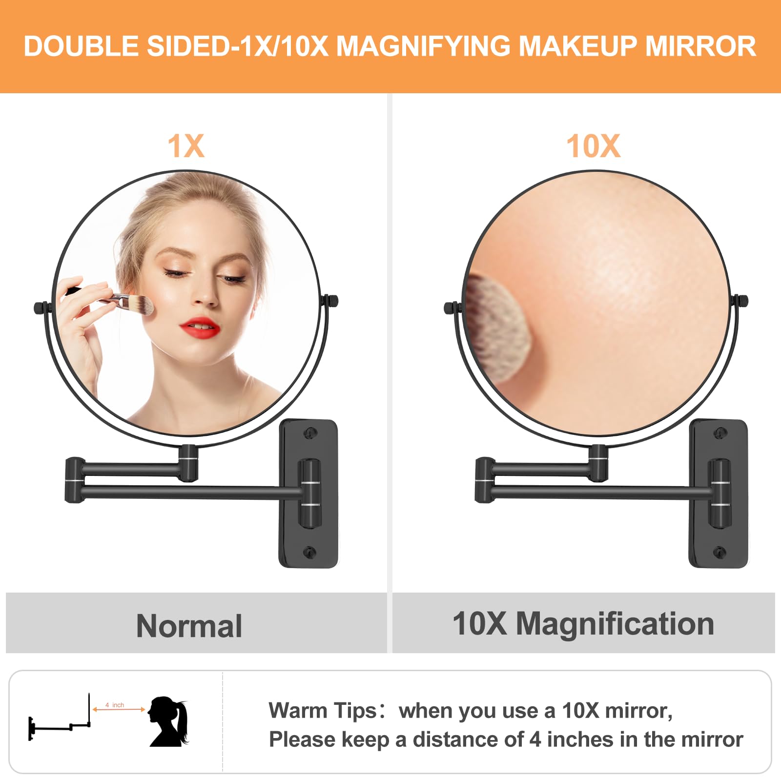 FFowcye 8" Wall Mounted Magnifying Makeup Mirror, 1X/10X, 360° Swivel, Black, Model FF018-DE, Extendable Vanity Mirror for Bathroom