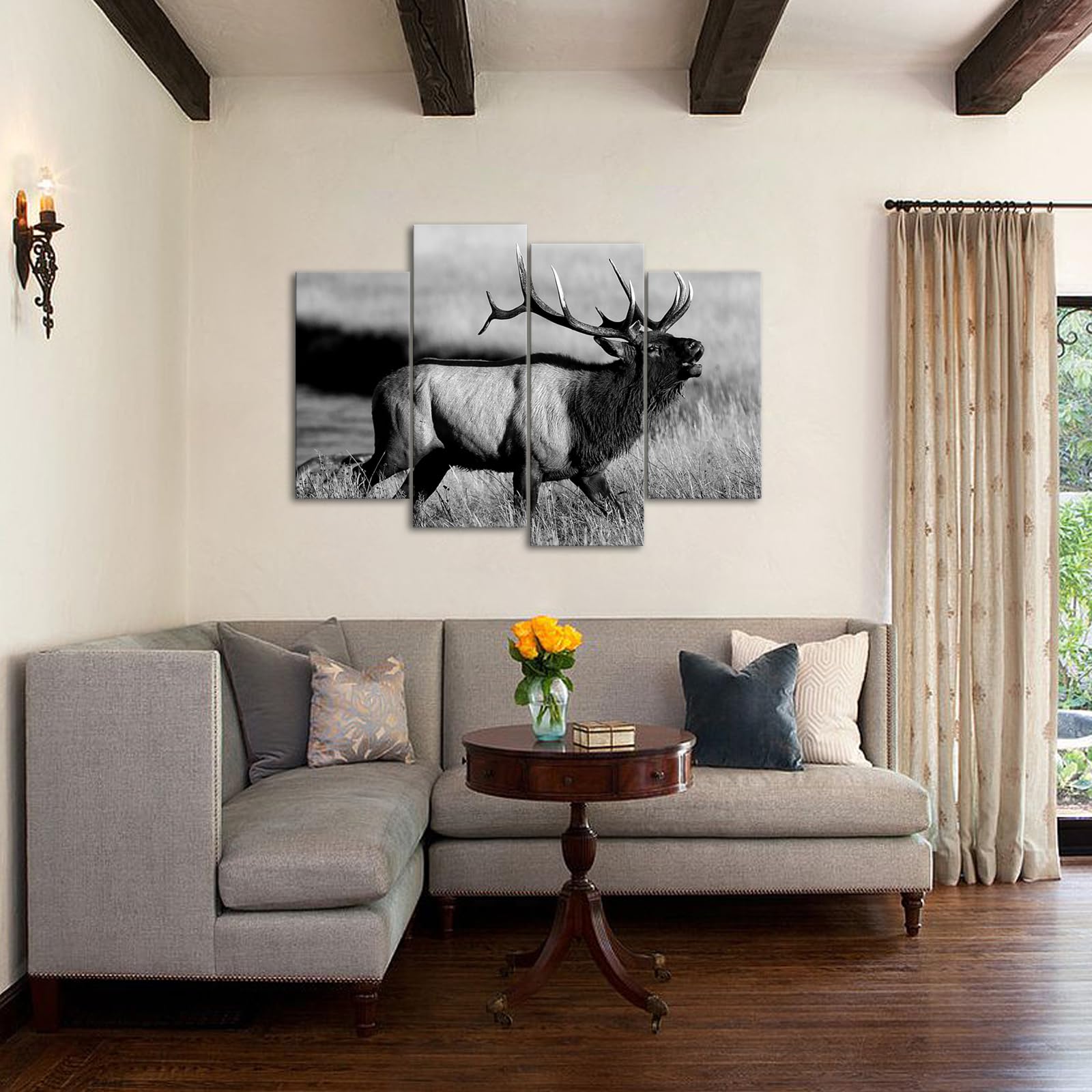 Levvarts - 4 Piece Animal Picture Black And White Bull Elk Canvas Wall Art Painting For Living Room Home Office Decor Modern Wil