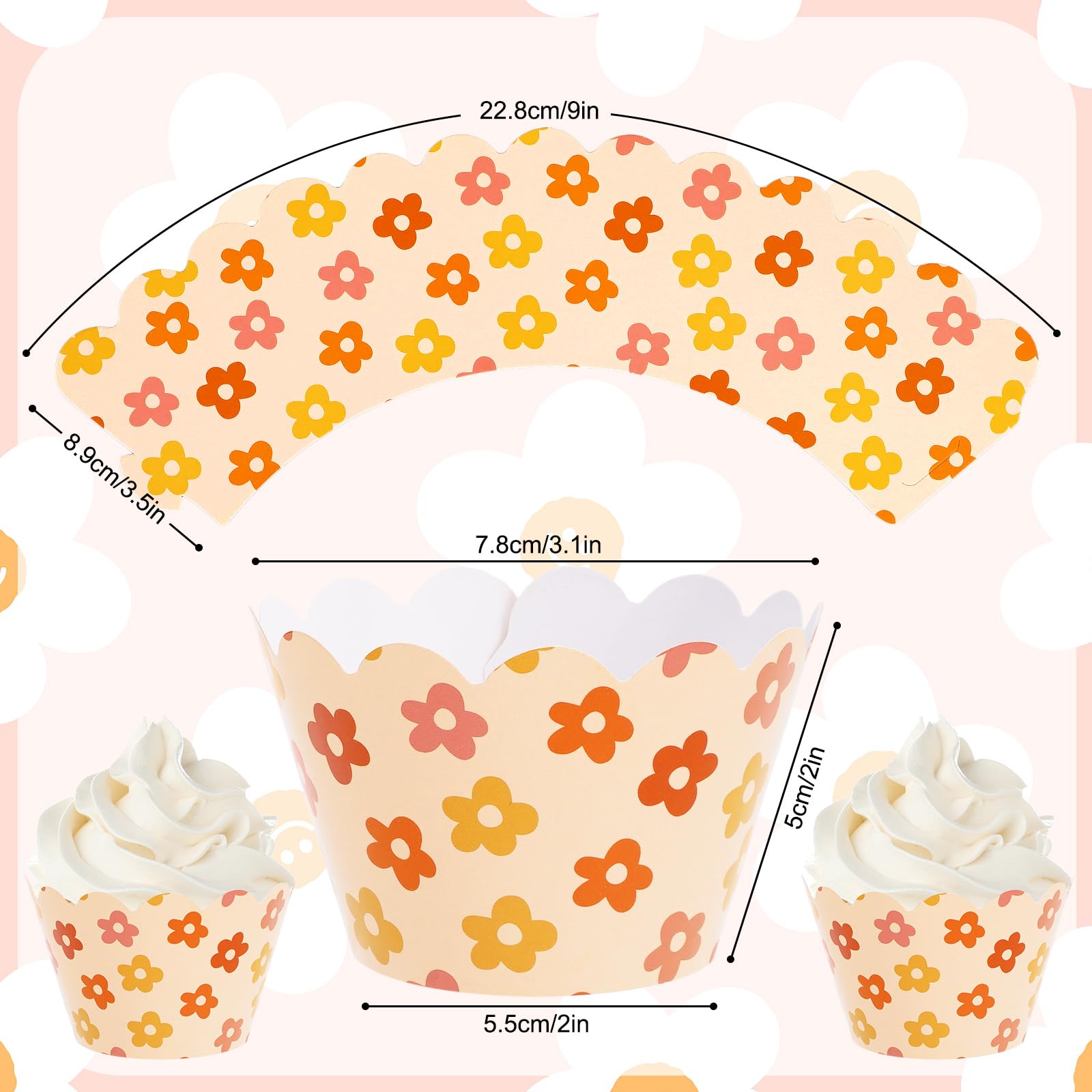 Whaline 36Pcs Retro Groovy Cupcake Wrappers Vintage Smile Daisy Checkered Cupcake Liners Pink Orange Boho Paper Baking Cup Cupca