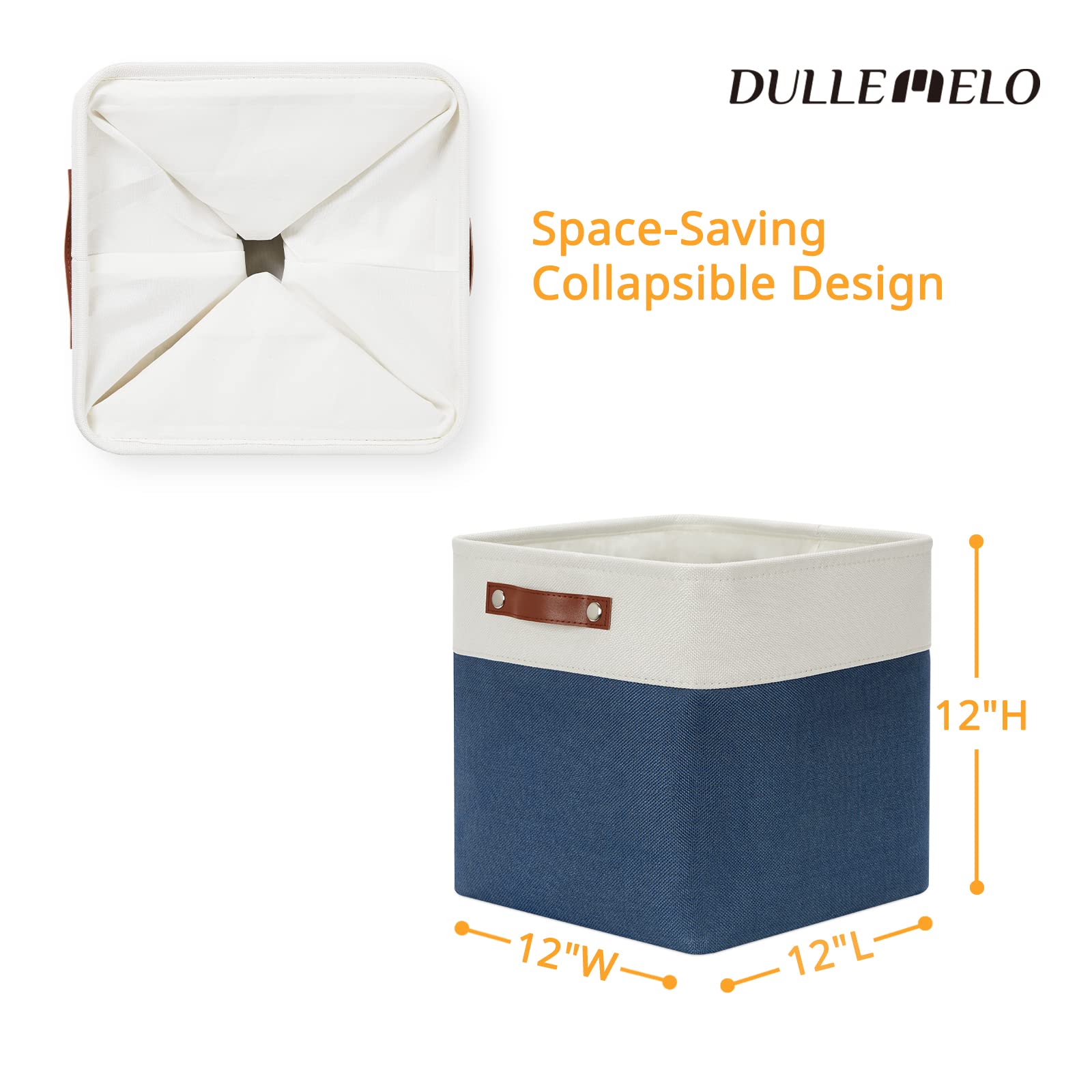 DULLEMELO Foldable Storage Cubes 12 x 12 Organizer Bins Canvas Storage Bins Empty Gift Baskets for Organizing with Durable Leather Handles  Closet Baskets for Nursery Storage(4 Pack - 12 '' White&Blue)