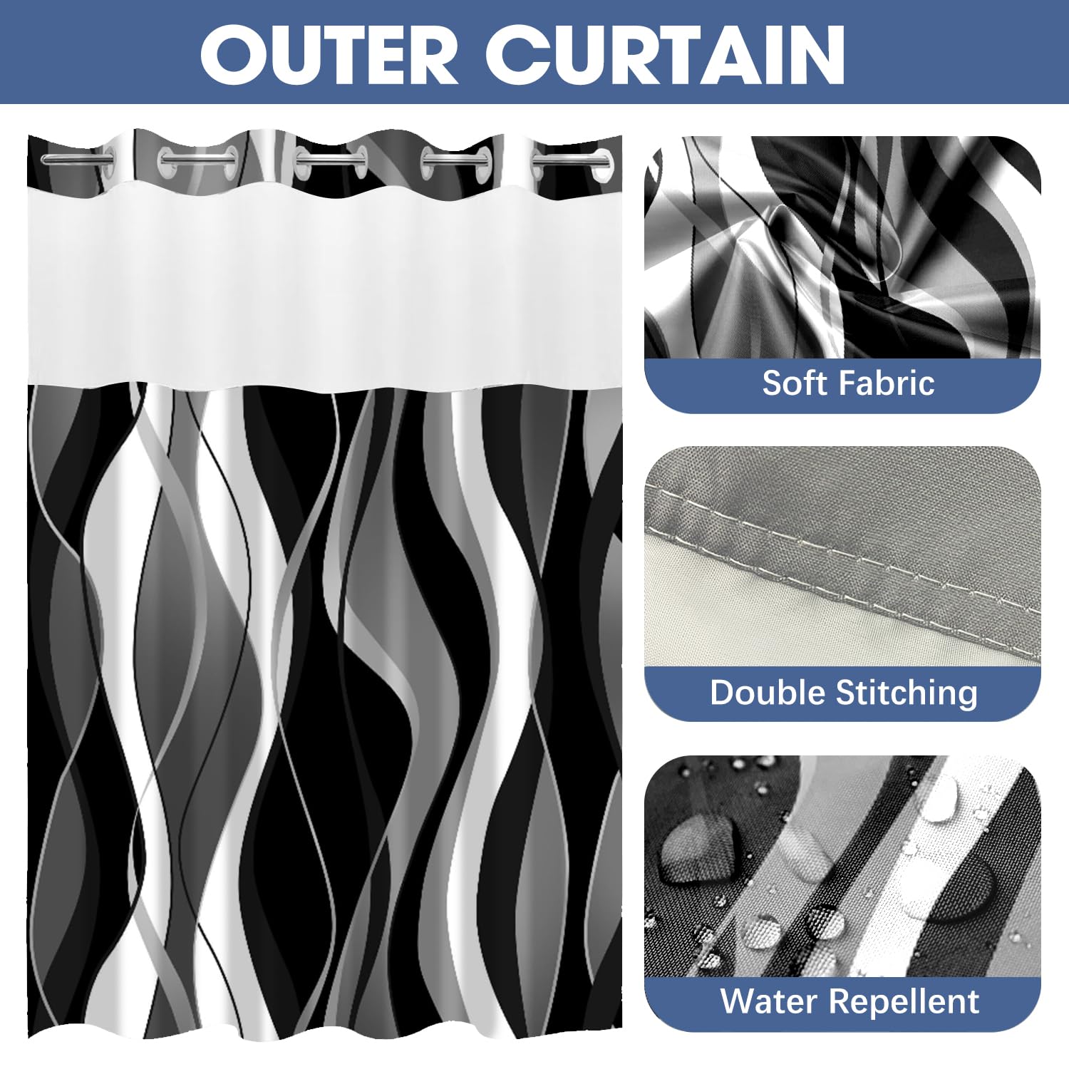 Nkzply No Hook Shower Curtain With Snap In Liner Black Striped Shower Curtain And Liner Set White Shower Curtain Liner Modern Fa