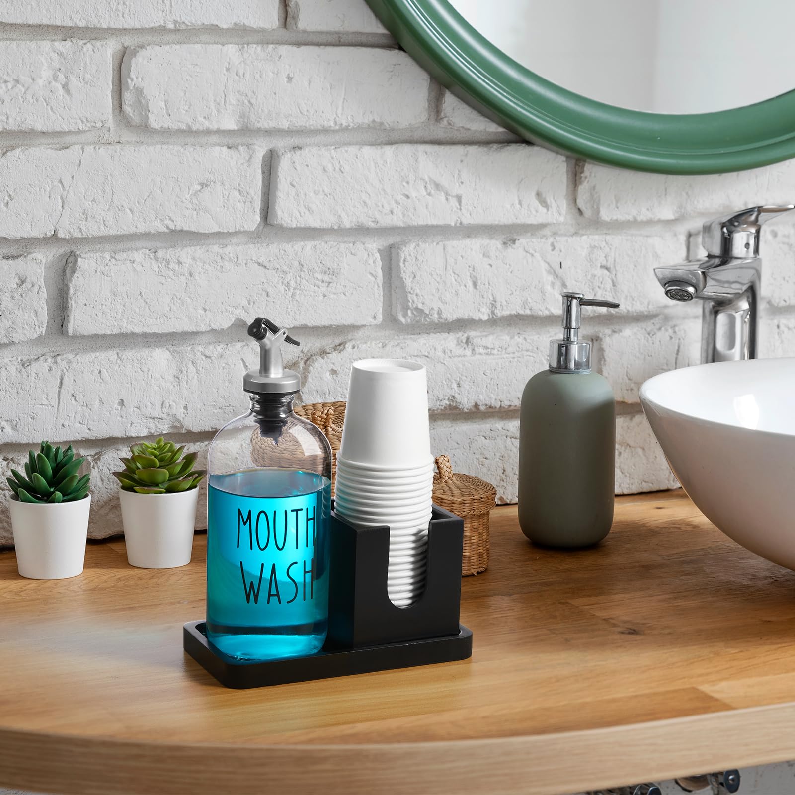 Mouthwash Dispenser For Bathroom, 16 Oz Glass Mouthwash Dispenser With Pour Spout And Wood Cup Holder And Tray, Mouth Wash Bottl