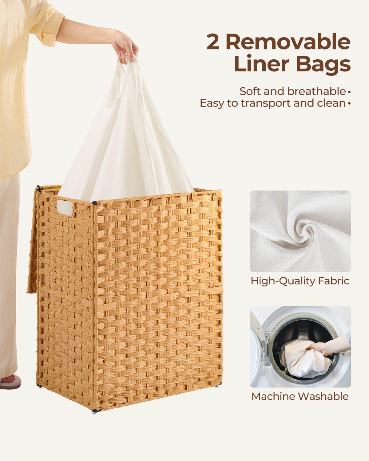 Greenstell Laundry Hamper No Install Needed  Divided Clothes Hamper with 2 Removable Liner Bags  90L Handwoven Synthetic Rattan Laundry Basket with Lid and Handles  Foldable Natural