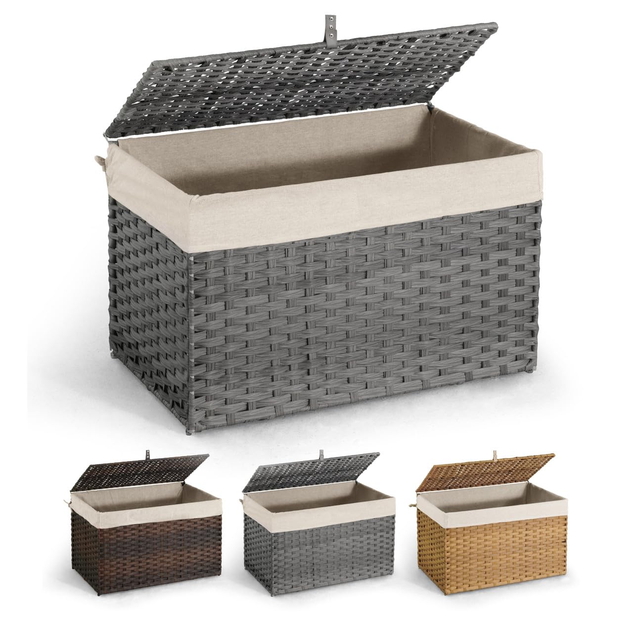 CAPHAUS Handwoven Storage Basket w/Lid and Handles, 2 Removable Liner Bags, Foldable Clothes Basket for Laundry, Large Synthetic