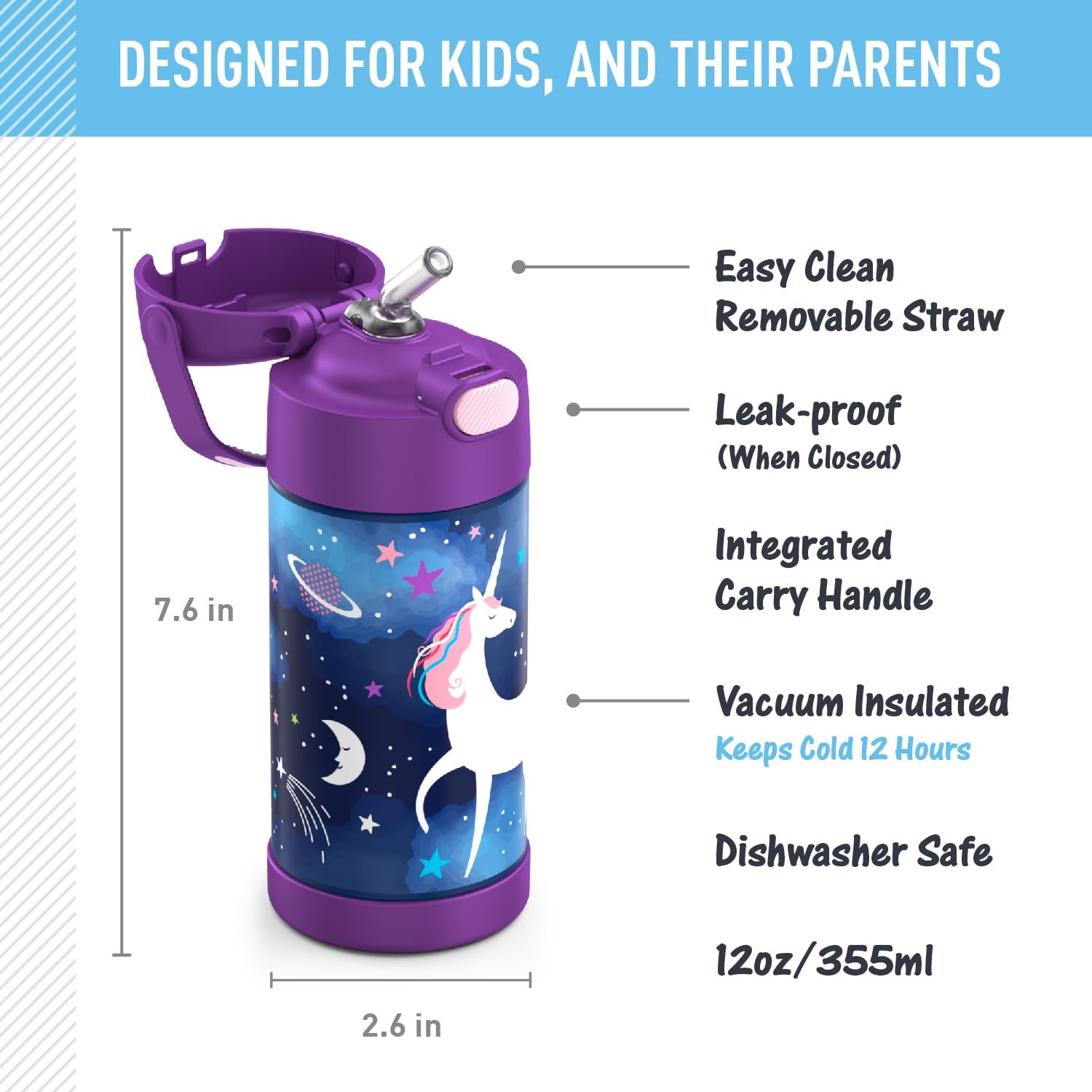 Thermos Funtainer Water Bottle With Straw - 12 Ounce - Kids Stainless Steel Vacuum Insulated Water Bottle With Lid, Space Unicor