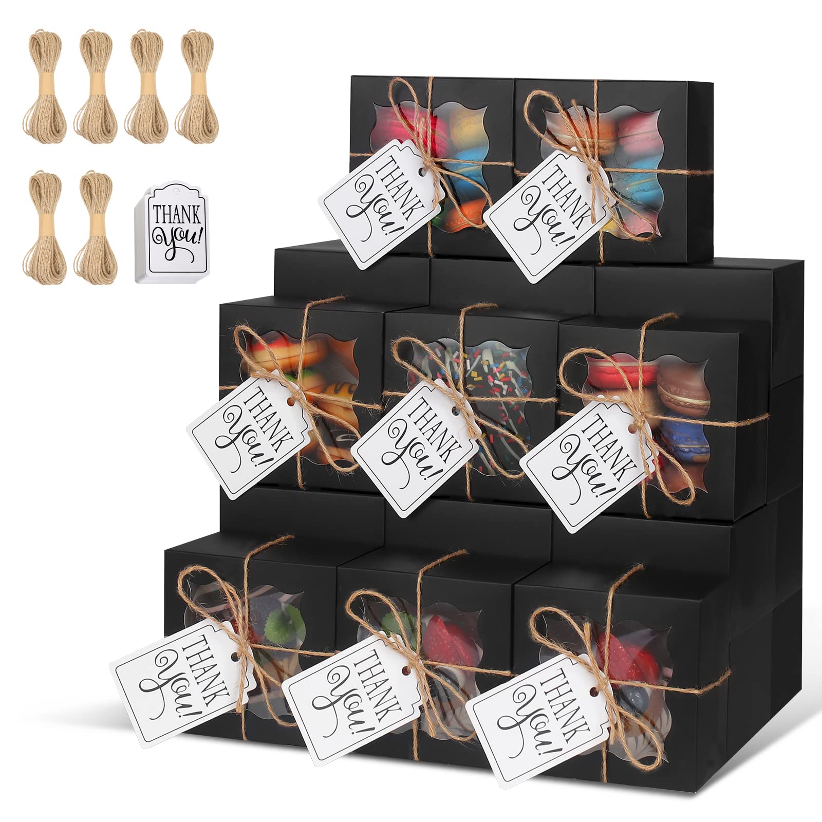 Kposiya 60 Pcs Black Bakery Boxes With Window Individual Cupcake Boxes 4X4X2.5 Inches Cookie Boxes Kraft Paper Black Gift Box Fo