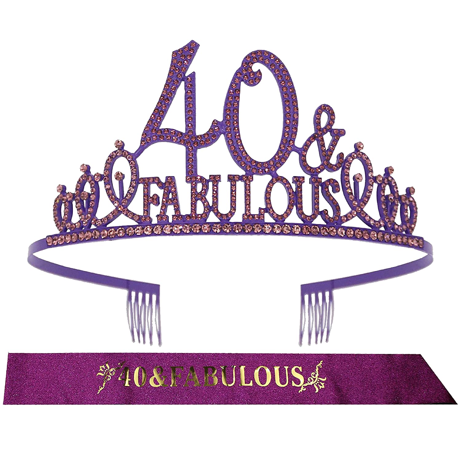 40Th Birthday Sash And Tiara For Women - Fabulous Glitter Sash + Fabulous Rhinestone Purple Premium Metal Tiara For Her, 40Th Bi