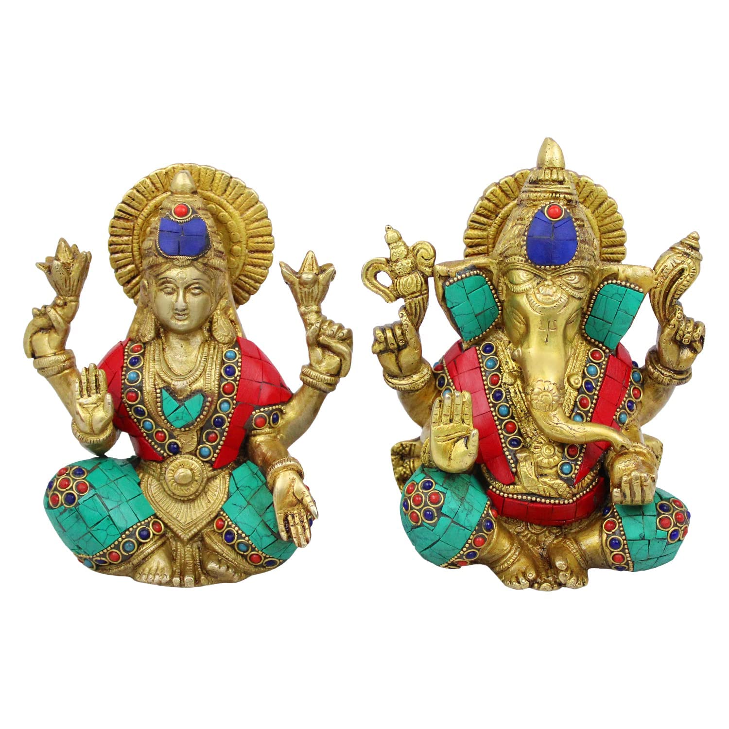 Kartique 3.5-Inch Brass Lakshmi Ganesh Idol Set With Multicolored Accents, Ideal For Home Decor And Pooja Room